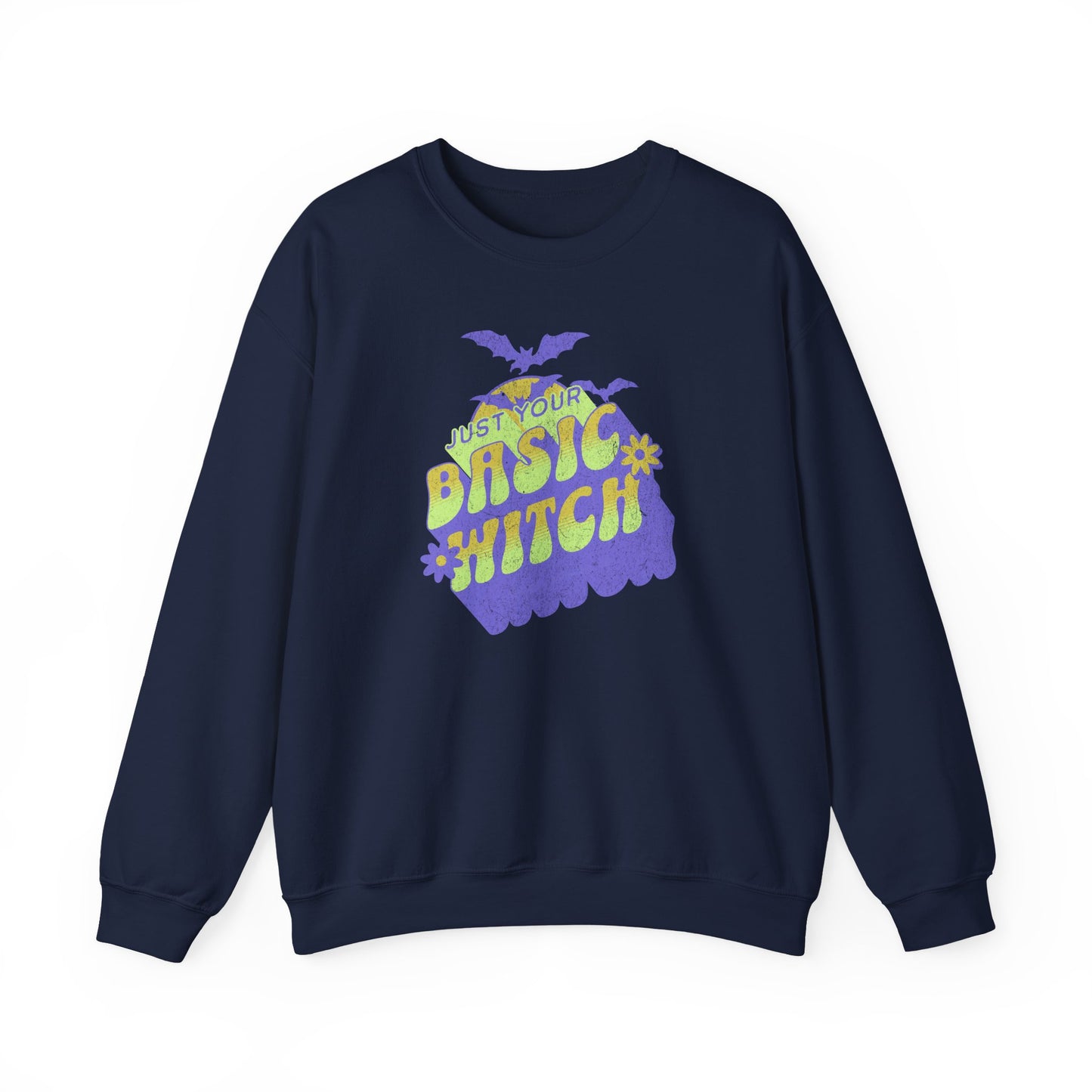 Navy Unisex “Just Your Basic Witch” Halloween sweatshirt with witchy print — cozy fall fashion with playful attitude.