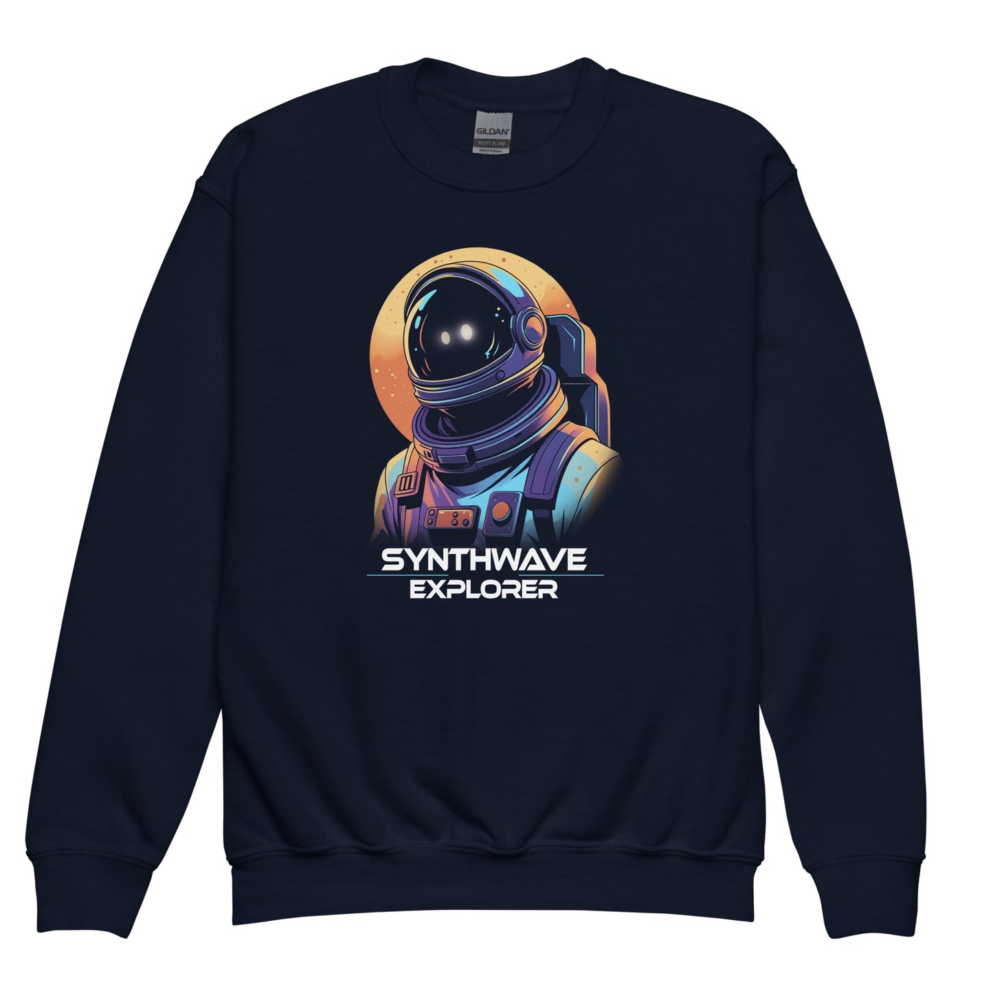 Synthwave Explorer print on a Navy Gildan 18000B kids sweatshirt with sunset and space man design by BimBangDesign