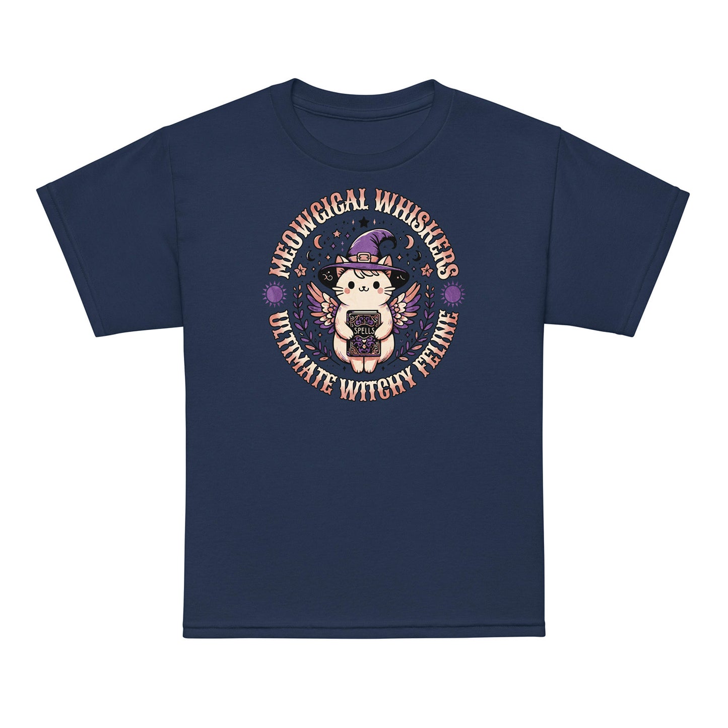 Navy Kids t-shirt Meow Magical Witchy Cat – cute witch cat design by BimBangDesign