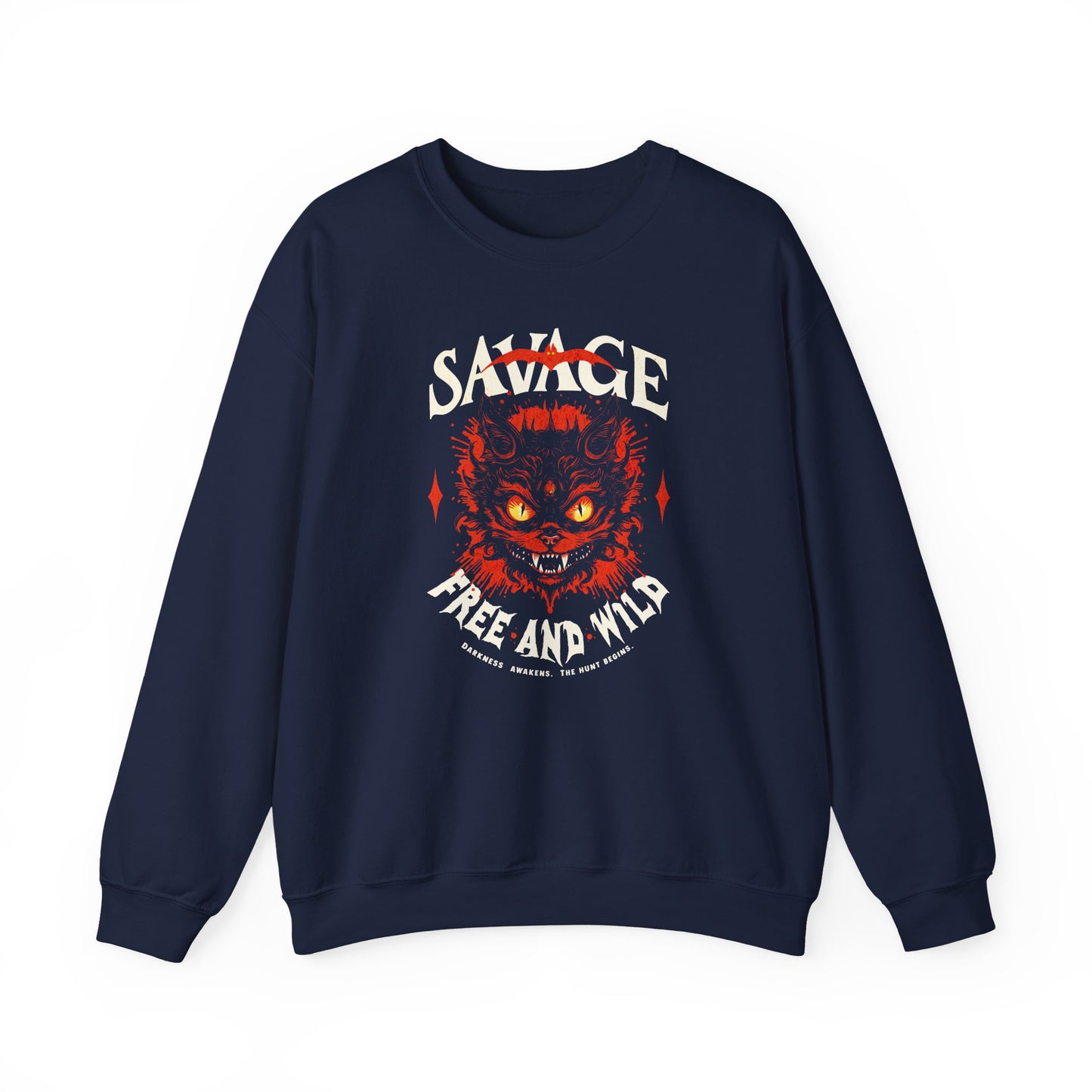navy Unisex “Savage – Wild & Free” sweatshirt by BimBangDesign — cozy fleece crewneck with bold wild spirit print, perfect for everyday wear.