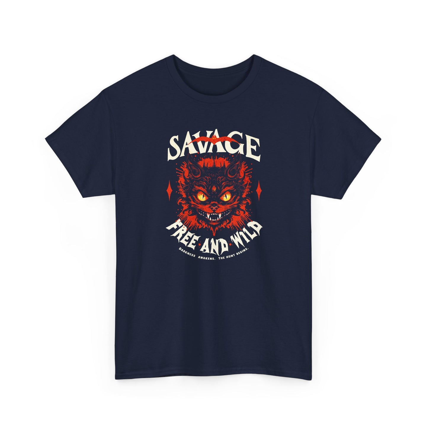 navy Unisex “Savage – Wild & Free” t-shirt by BimBangDesign — cozy fleece tee with bold wild spirit print, perfect for everyday wear.
