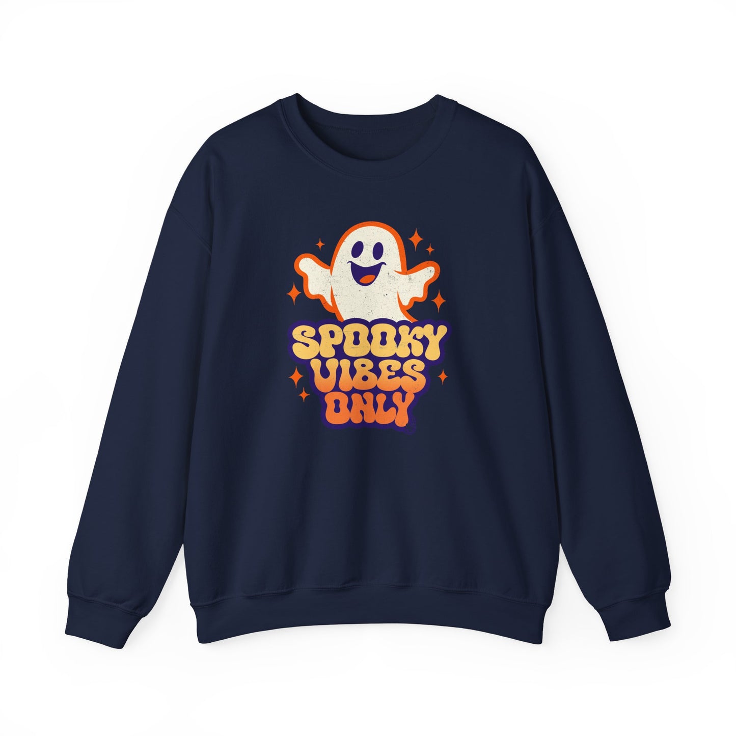 Navy Spooky Vibes Only sweatshirt with funny ghost art for adults that love vintage halloween cartoon BimBangDesign