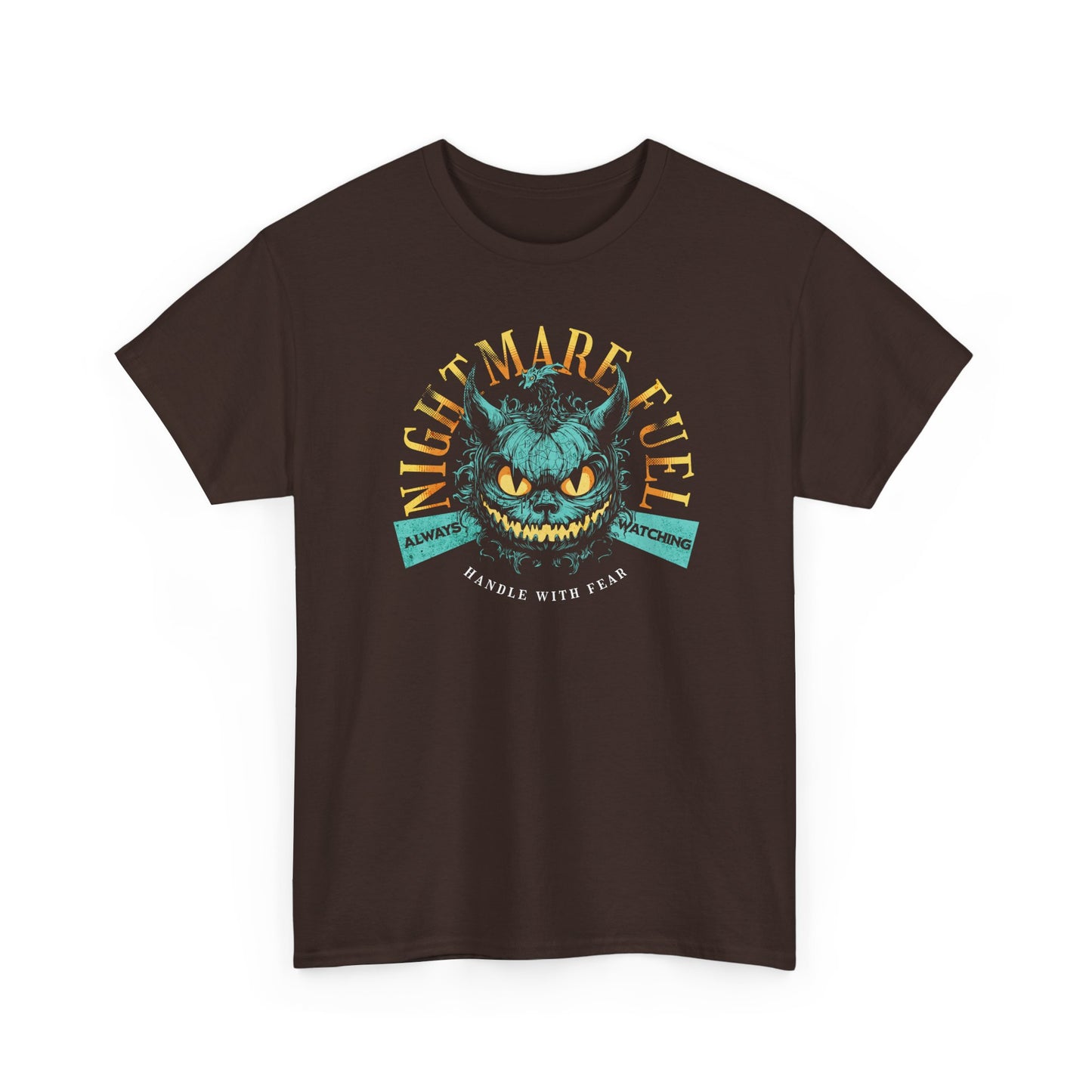 Dark Chocolate Unisex t-shirt with a creepy-cute monster design and the text “Nightmare Fuel”, by BimBangDesign