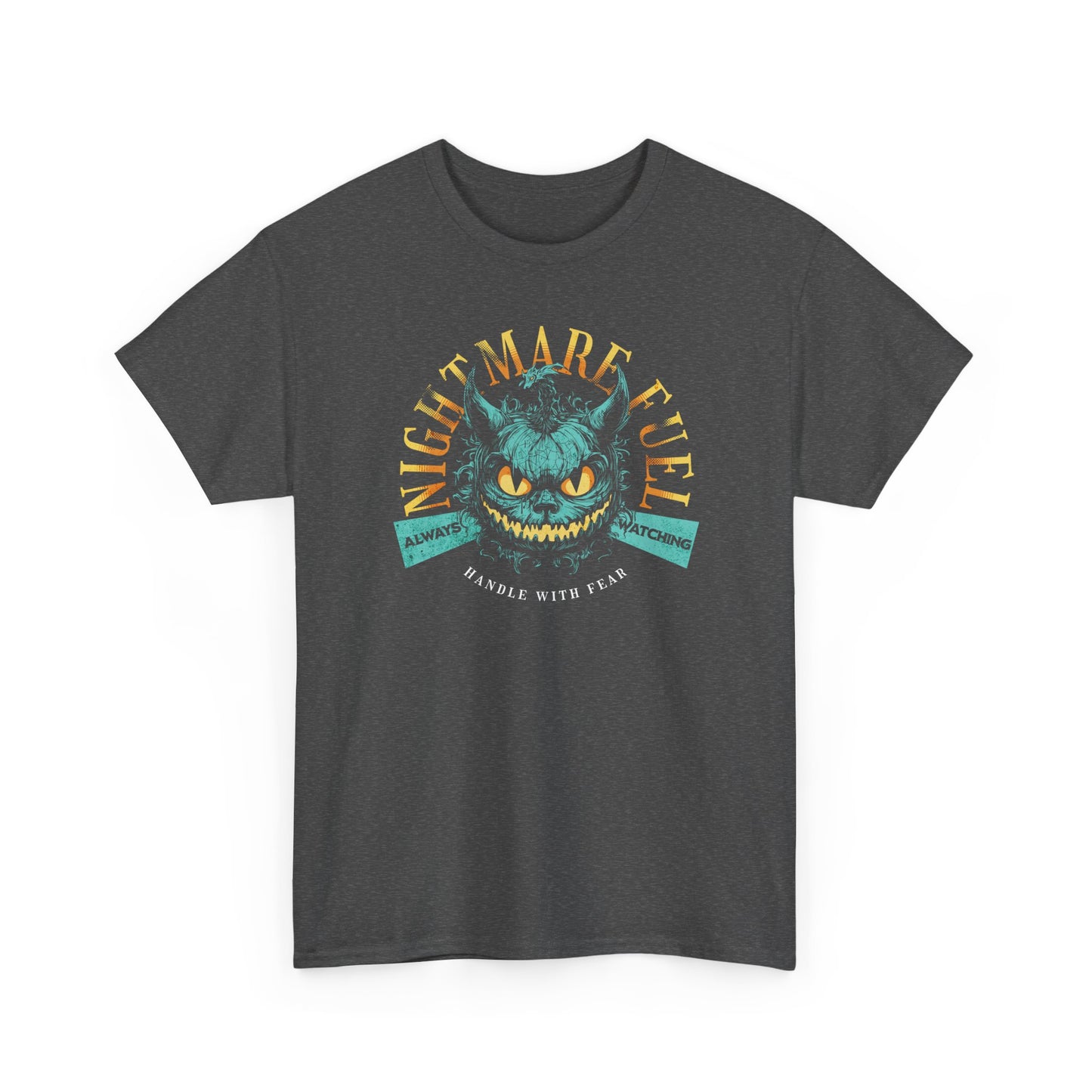 Dark Heather Unisex t-shirt with a creepy-cute monster design and the text “Nightmare Fuel”, by BimBangDesig