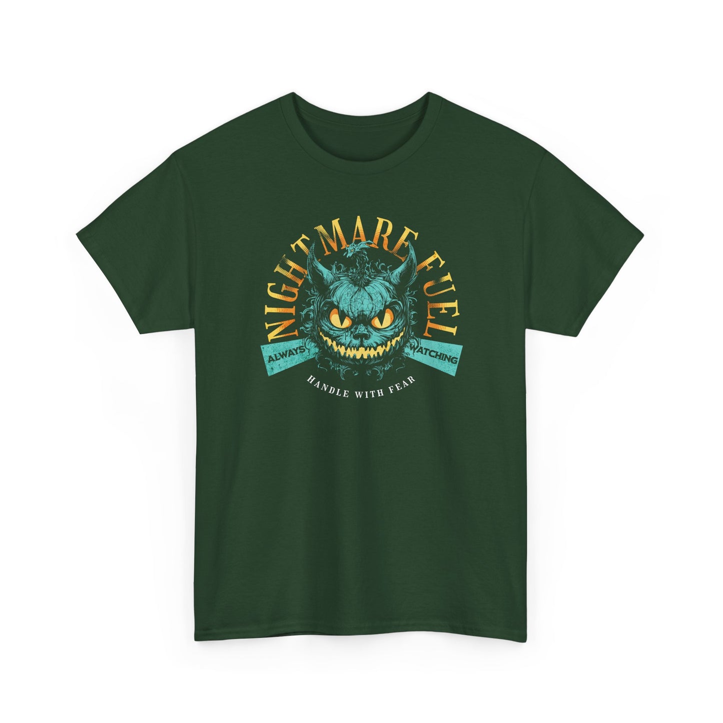 Forest Green Unisex t-shirt with a creepy-cute monster design and the text “Nightmare Fuel”, by BimBangDesign