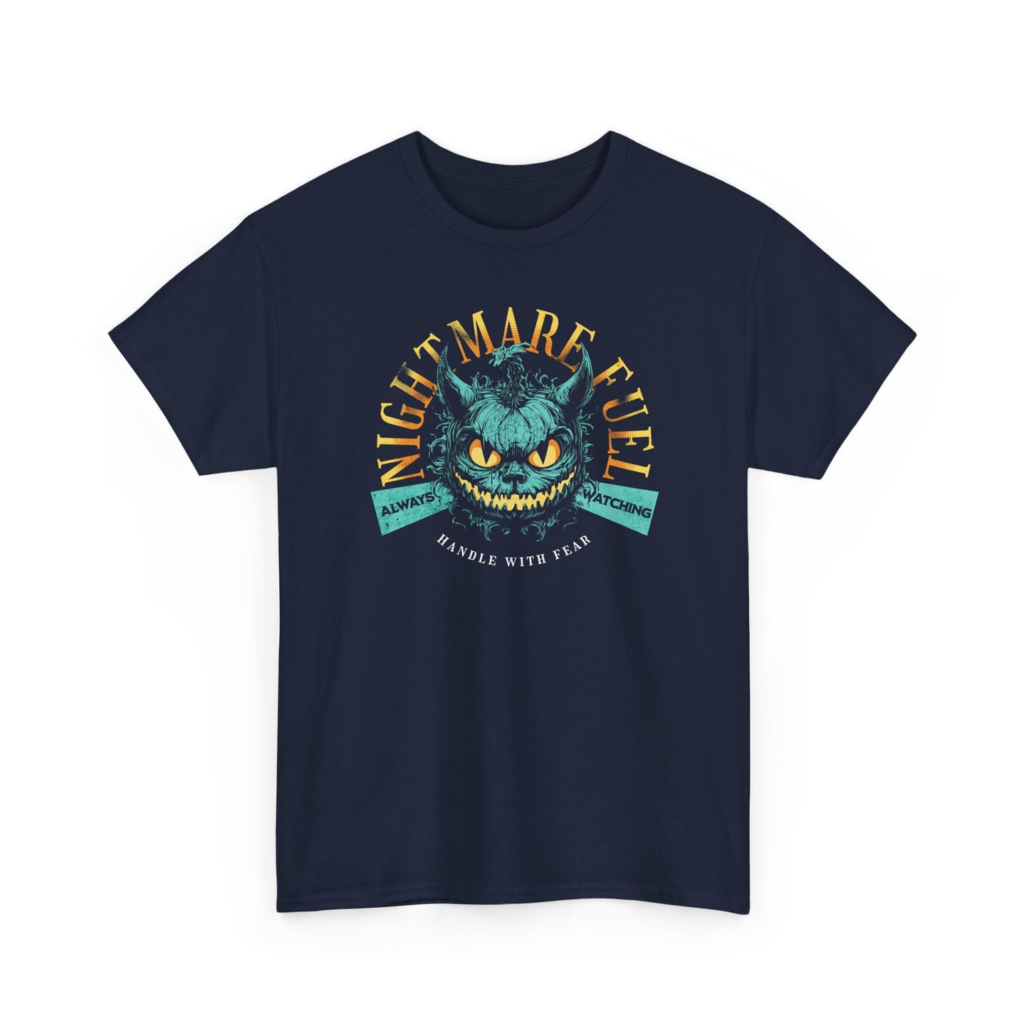 Navy Unisex t-shirt with a creepy-cute monster design and the text “Nightmare Fuel”, by BimBangDesign
