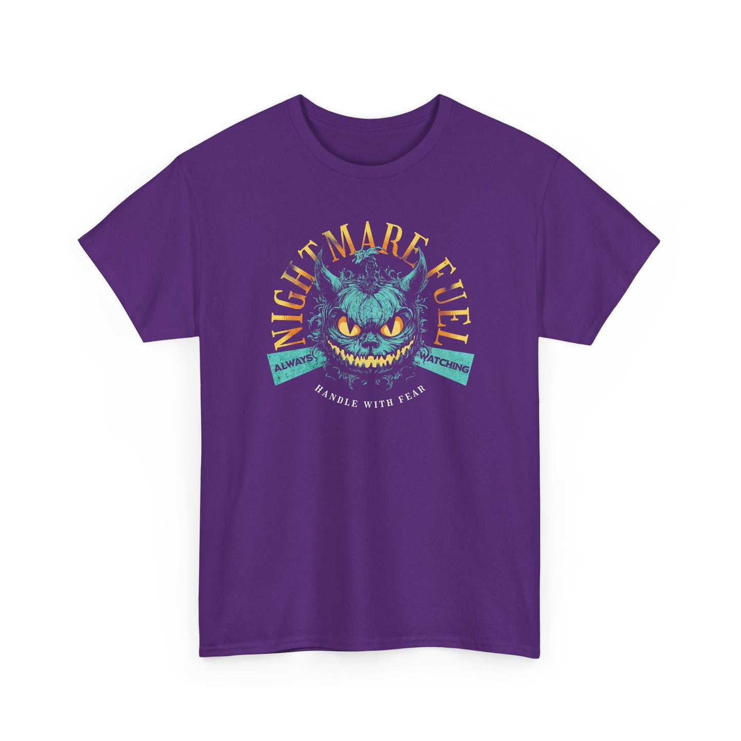 Purple Unisex t-shirt with a creepy-cute monster design and the text “Nightmare Fuel”, by BimBangDesign
