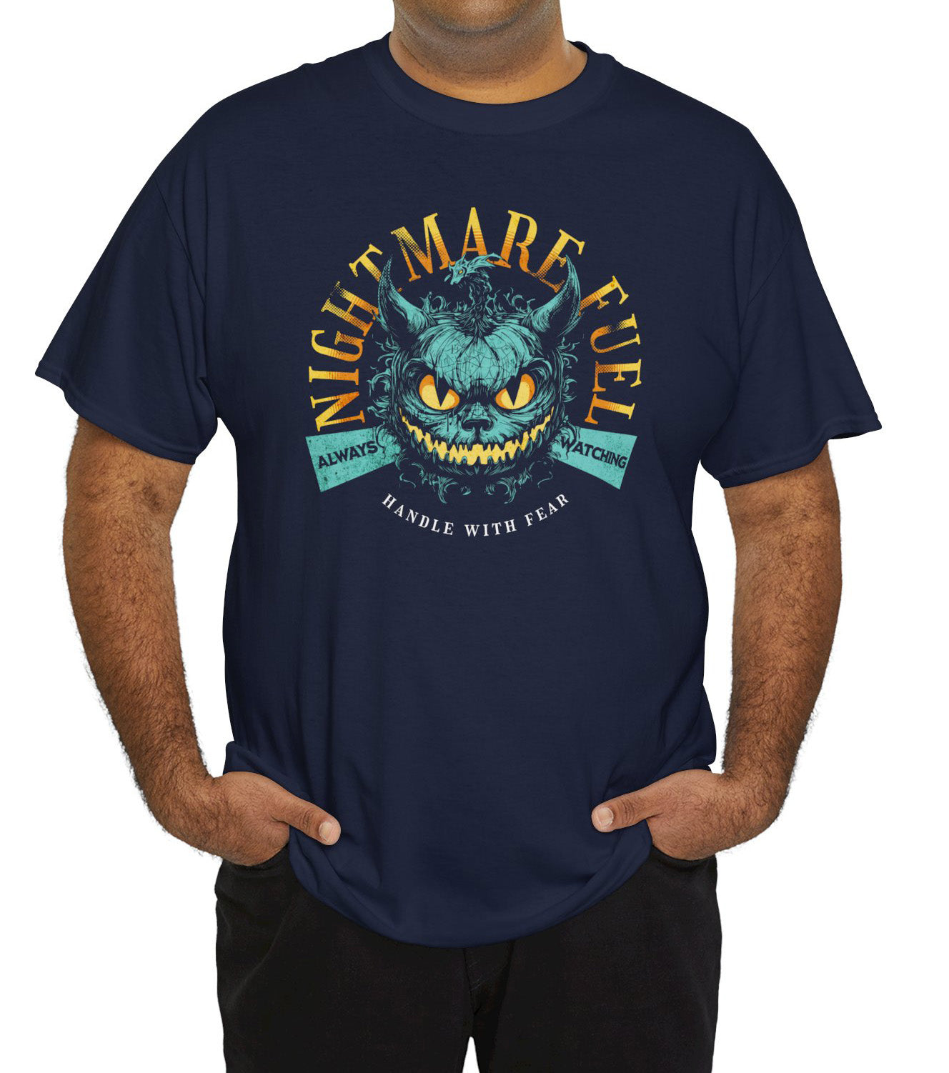 Unisex t-shirt with a creepy-cute monster design and the text “Nightmare Fuel”. BimBangDesign