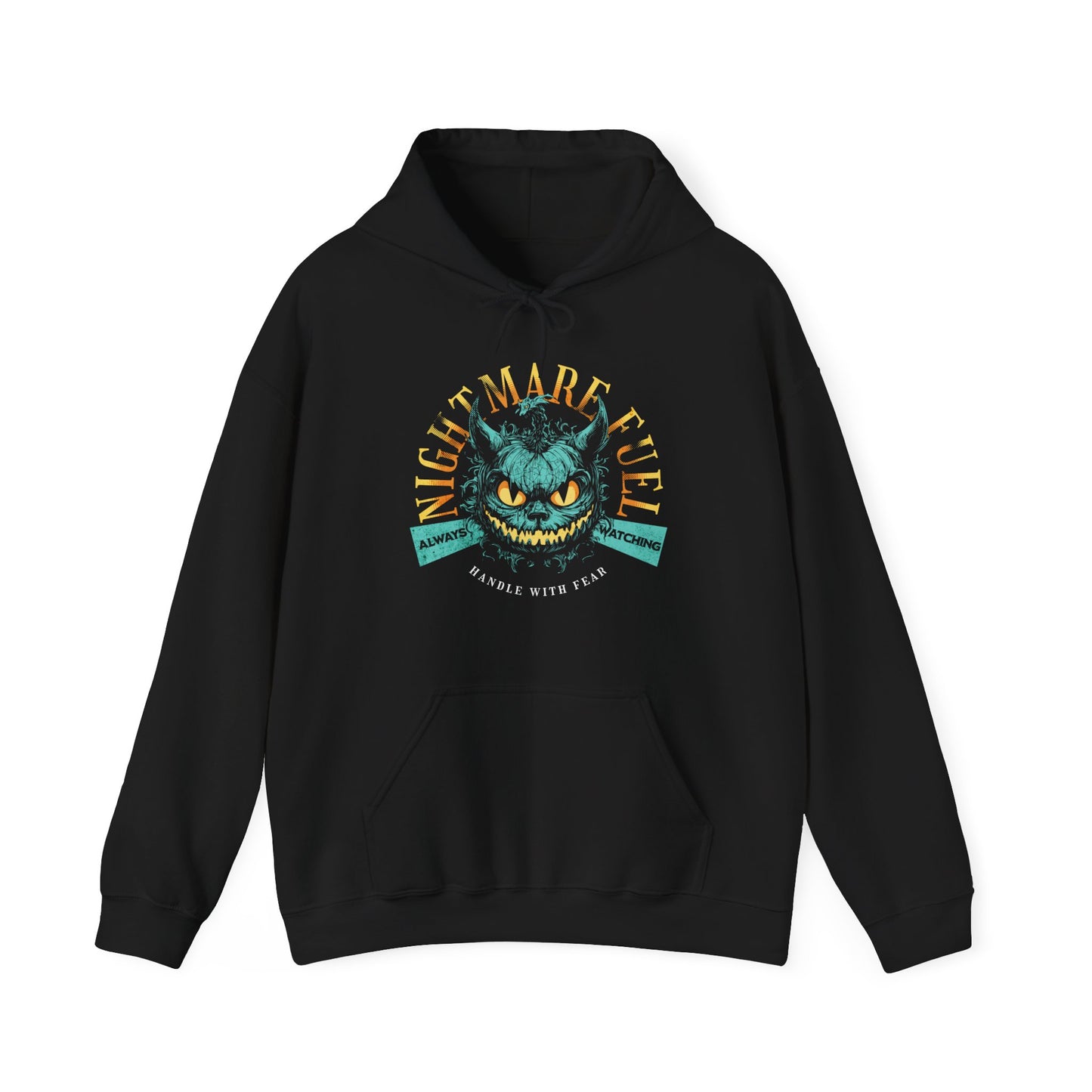 Black unisex hoodie with a spooky-cool graphic and the text “Nightmare Fuel”. BimBangDesign
