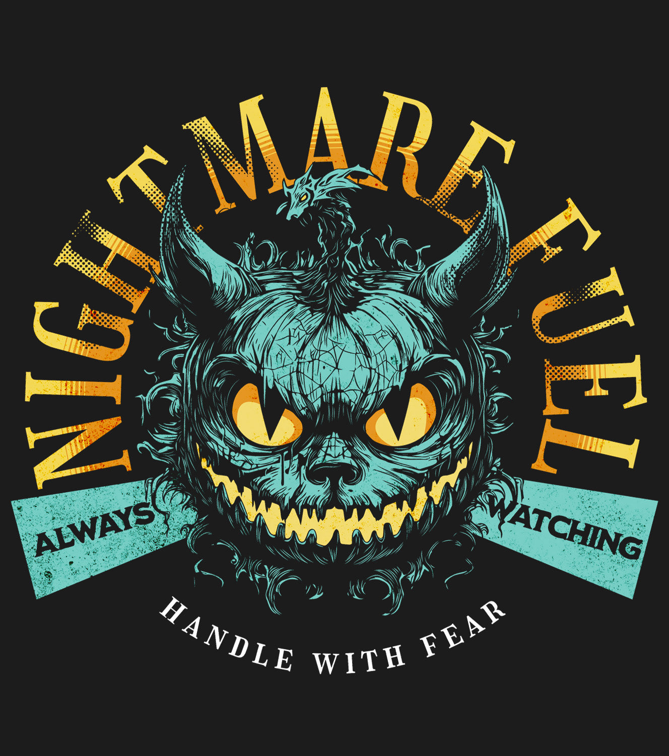 Unisex hoodie details of a spooky-cool graphic and the text “Nightmare Fuel”. BimBangDesign