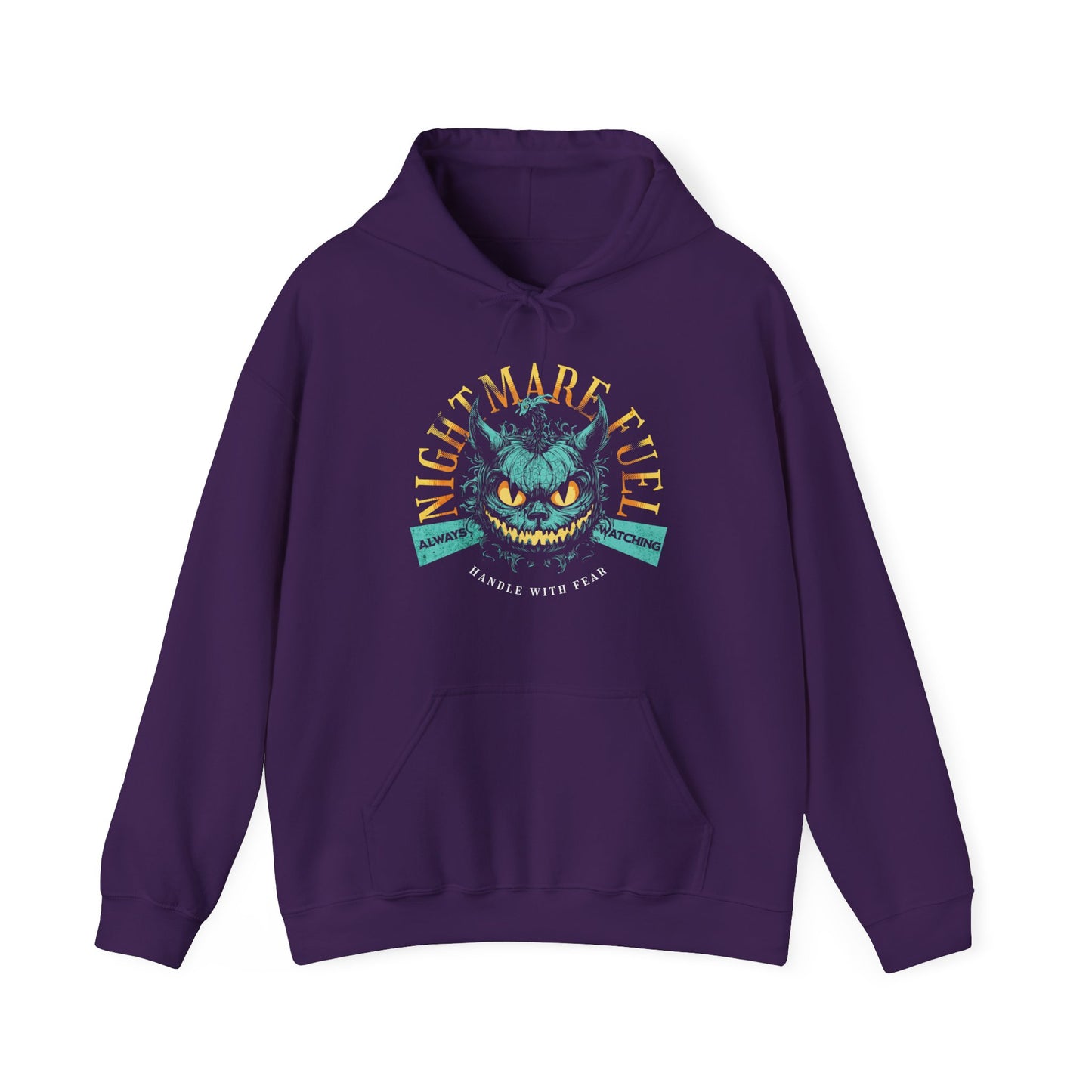 Purple unisex hoodie with a spooky-cool graphic and the text “Nightmare Fuel”. BimBangDesign