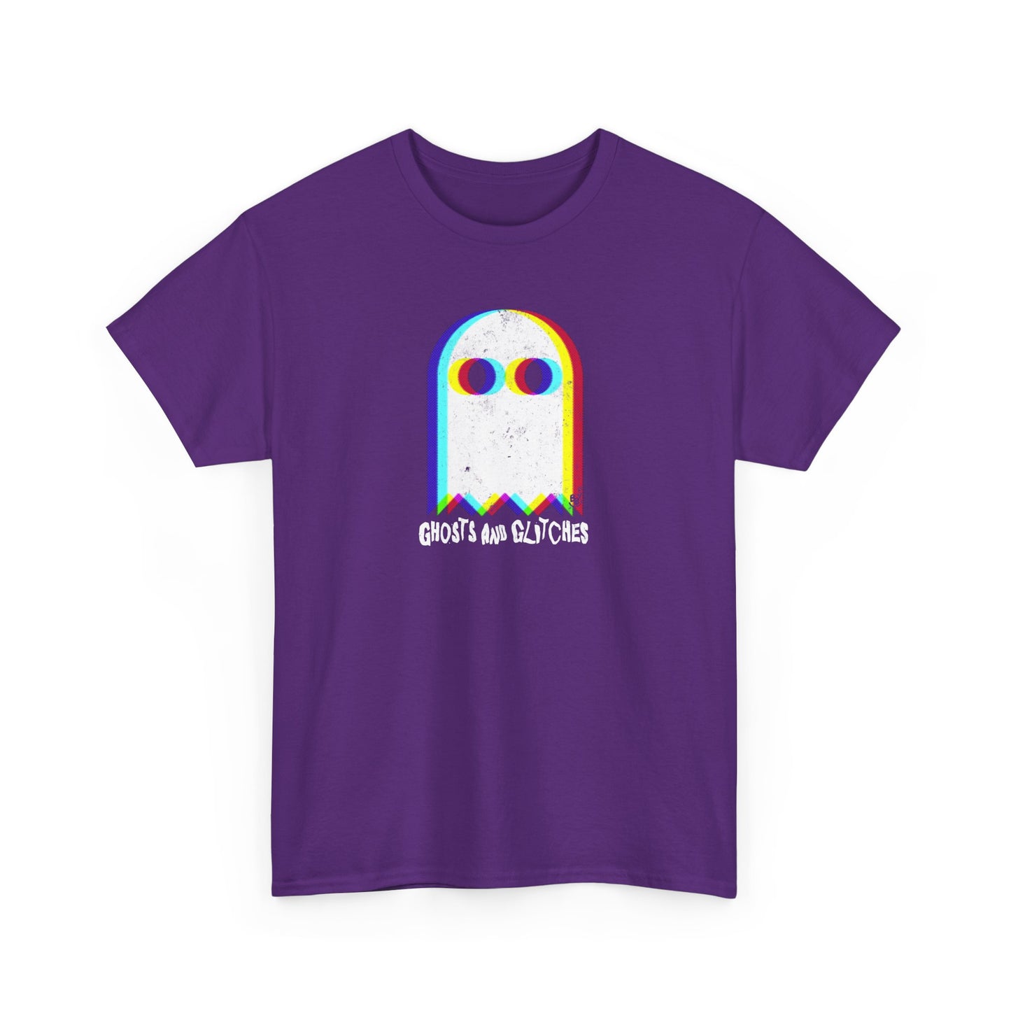 Purple Unisex “Ghosts and Glitches” t-shirt featuring pixel ghosts and retro video game design — Halloween gamer tee for fun, casual wear.