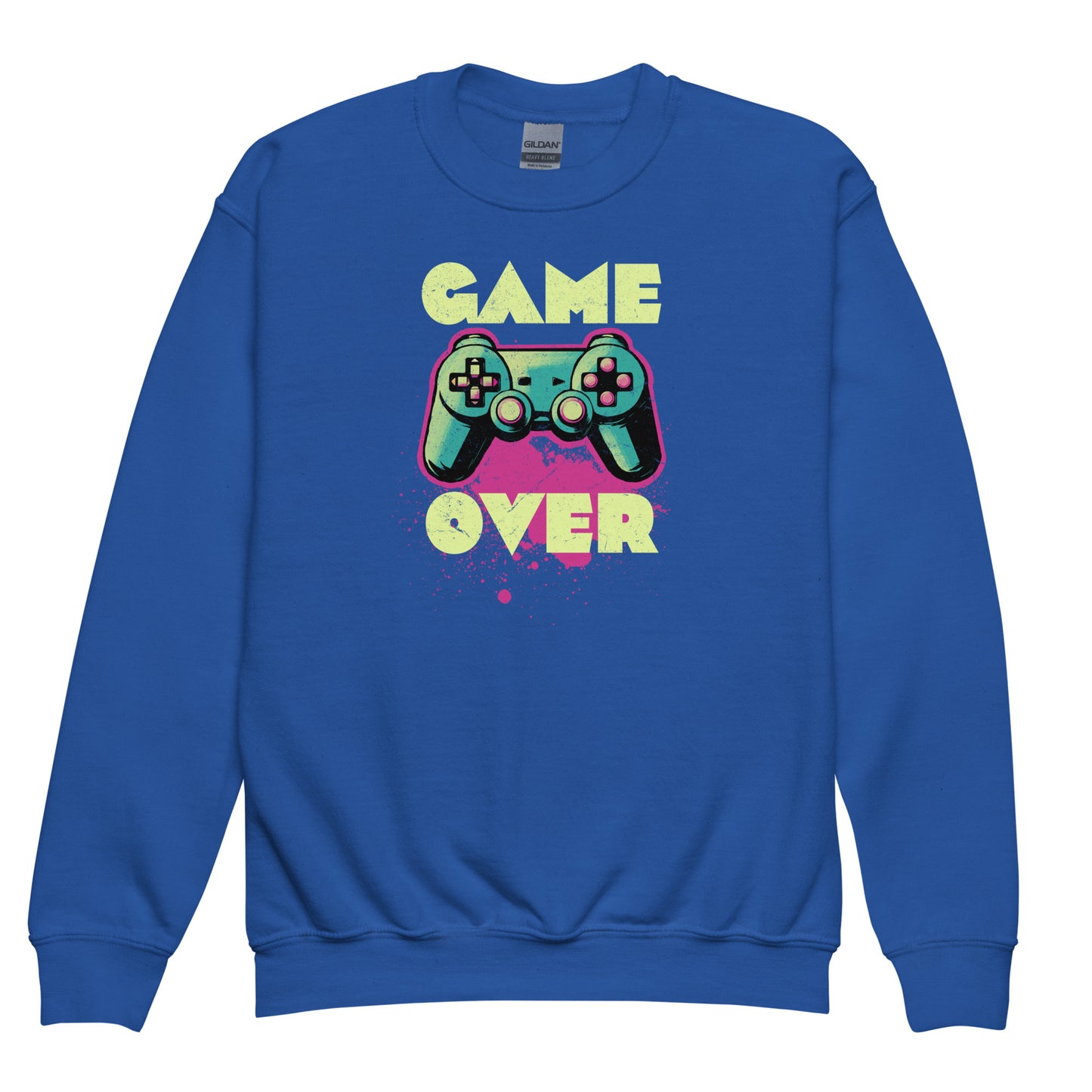 Royal Blue Kid wearing Game Over of Gildan 18000B sweatshirt – retro gaming design by BimBangDesign
