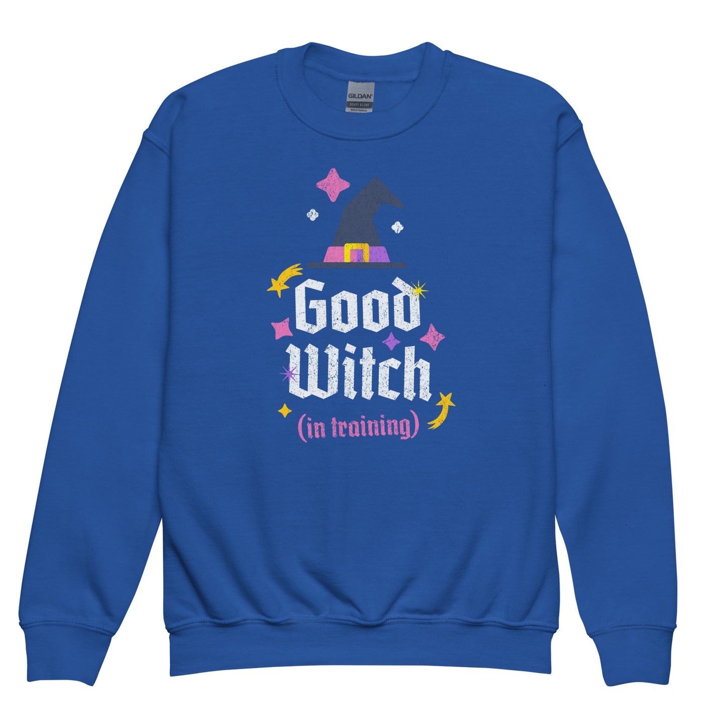 Royal Blue Good Witch in Training kids sweatshirt – cool witchy design with stars and sparkles BimBangDesign