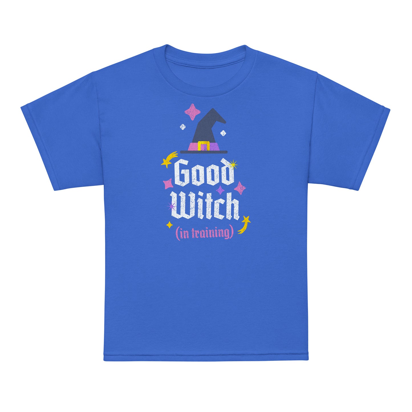 Royal Blue Good Witch In Training kids t-shirt — pink and yellow stars design