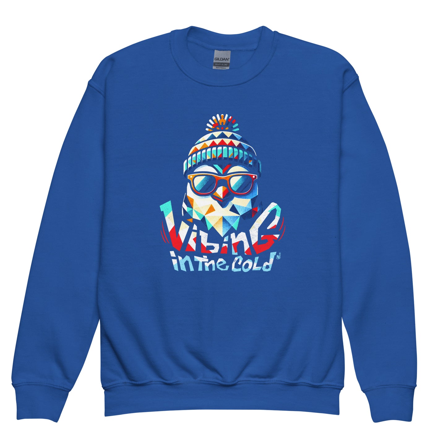 Royal Blue Casual Kids sweatshirt featuring Fun winter Vibing in the Cold slogan and cool funny energy BimBangDesign