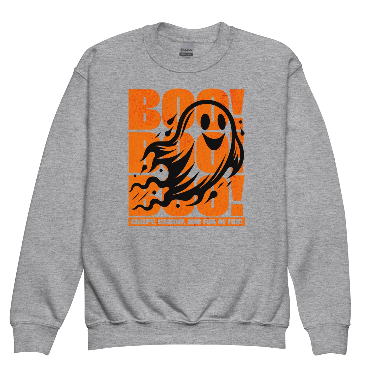 Sport Grey Front view of Boo Boo Boo sweatshirt for kids – playful spooky season ghost print by BimBangDesign