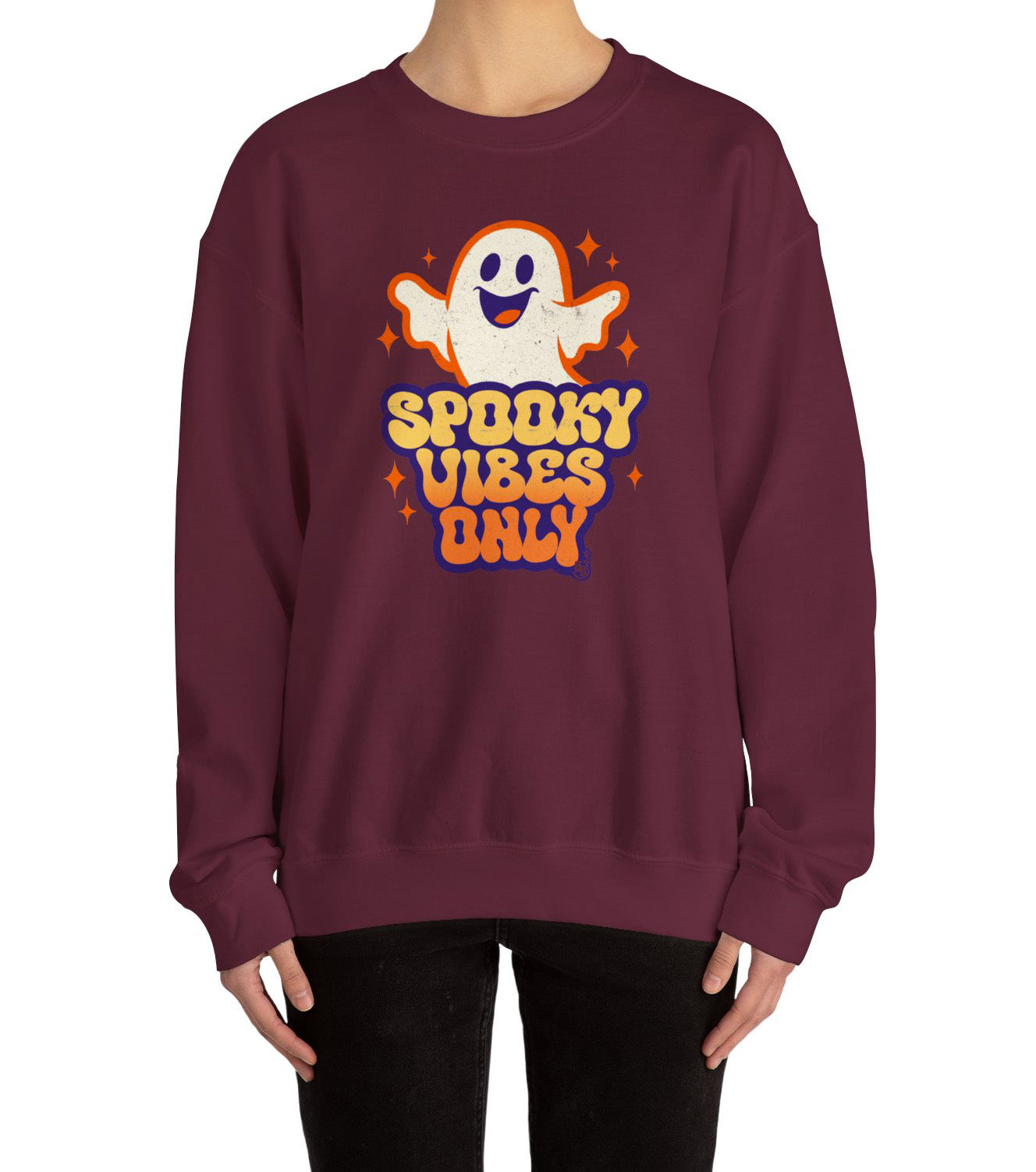 Spooky Vibes Only sweatshirt with funny ghost art worn by a young adult that love vintage halloween cartoon BimBangDesign