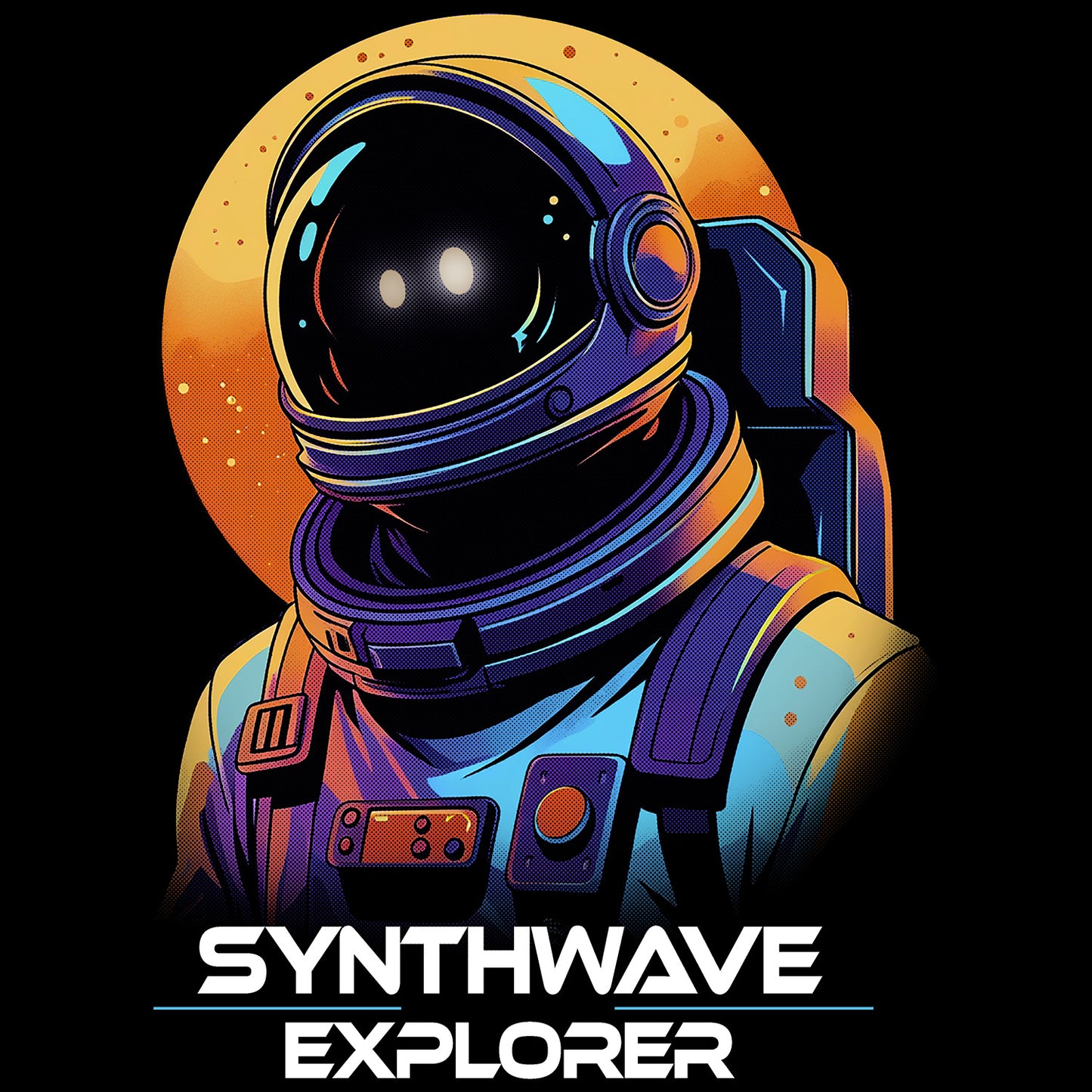 Synthwave Explorer kids t-shirt details— colorful geometric shapes, neon retro design by BimBangDesign