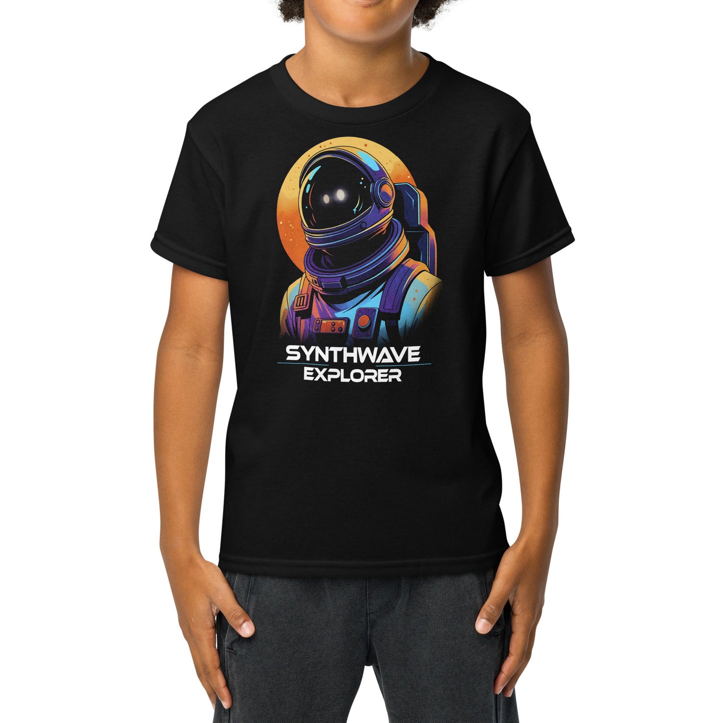 Synthwave Explorer kids t-shirt — colorful geometric shapes, neon retro design by BimBangDesign