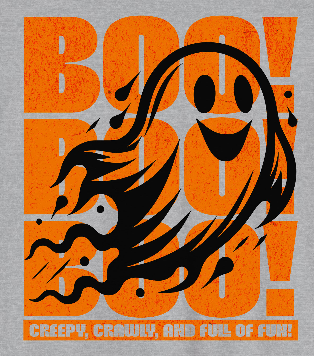 Details of Playful ghost design with triple “Boo” text – fun Halloween unisex t-shirt by BimBangDesign.