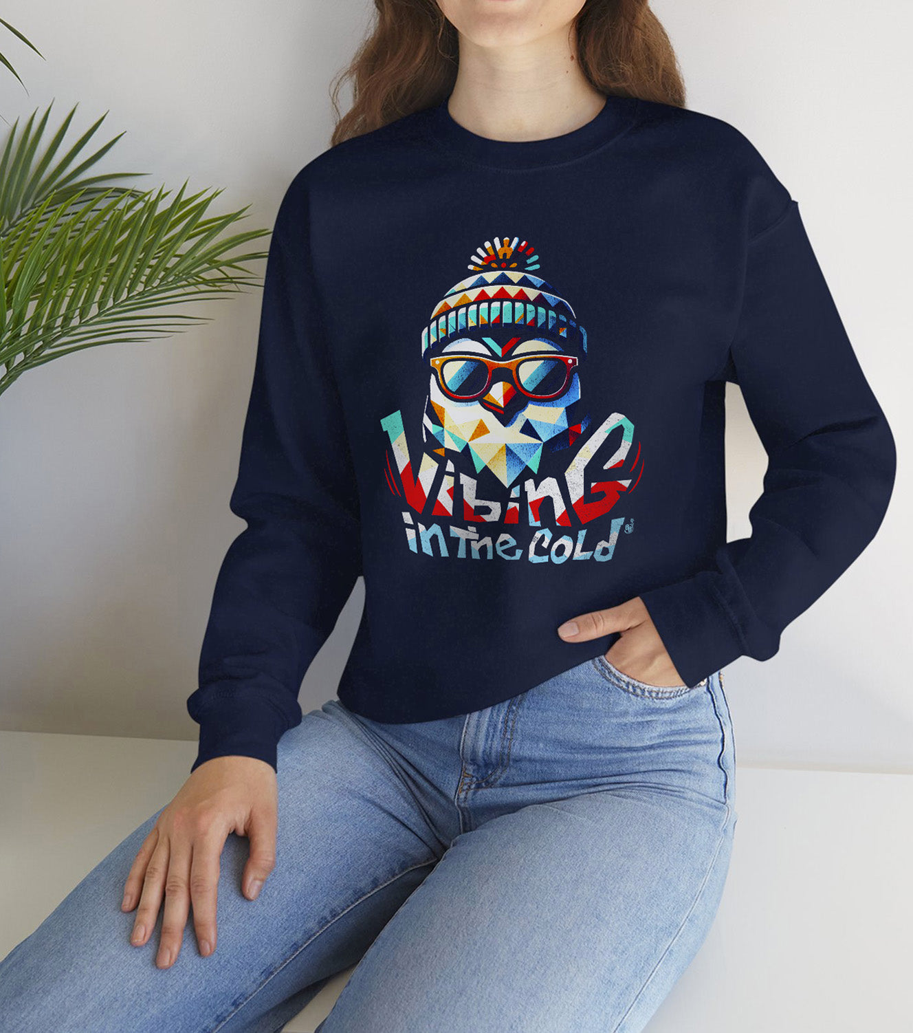 Casual sweatshirt featuring Fun winter Vibing in the Cold slogan and cool energy worn by a fun vibes fan BimBangDesign