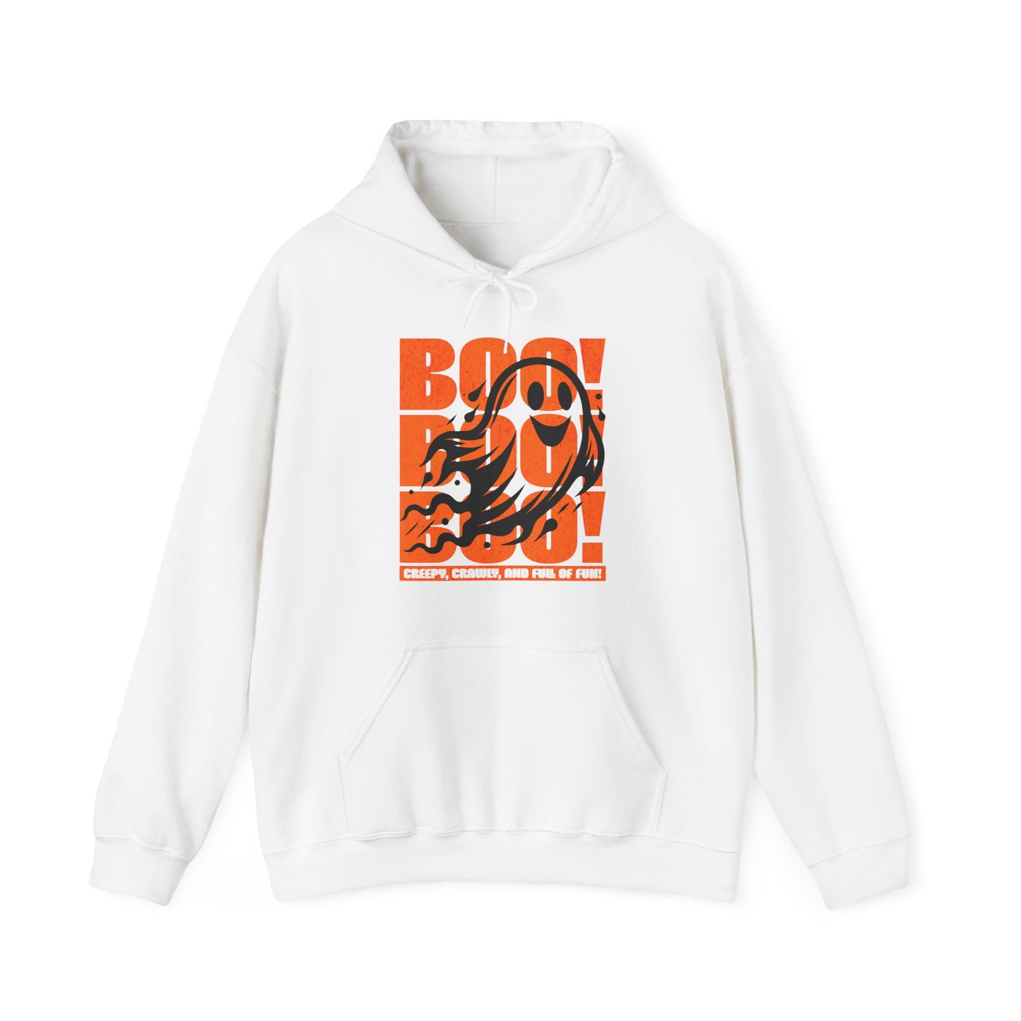 white Playful ghost design with triple “Boo” text – fun Halloween unisex hoodie by BimBangDesign.
