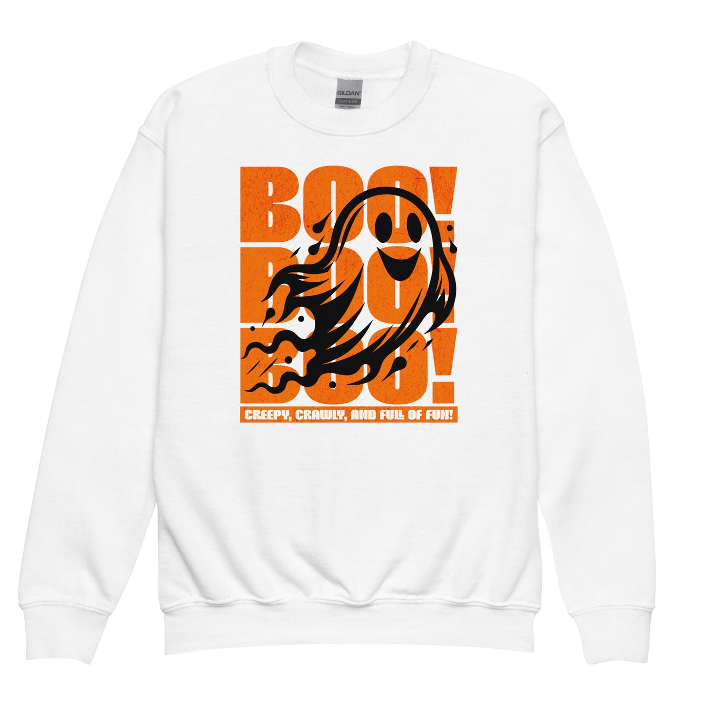 White Front view of Boo Boo Boo sweatshirt for kids – playful spooky season ghost print by BimBangDesign