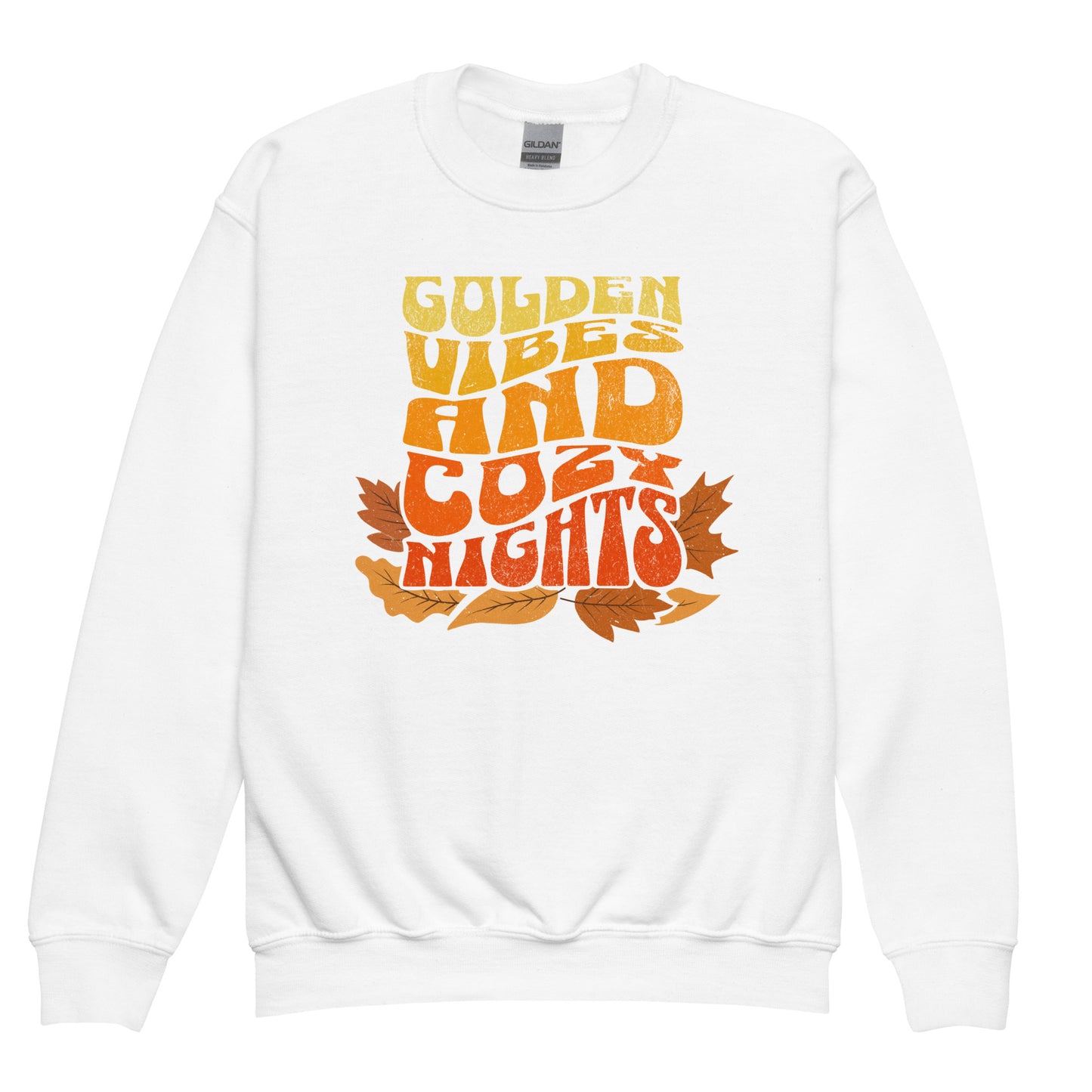 White Kids sweatshirt with colorful “Golden Vibes and Cozy Nights” text and autumn leaves illustration. Cozy fall crewneck for children. BimBangDesign