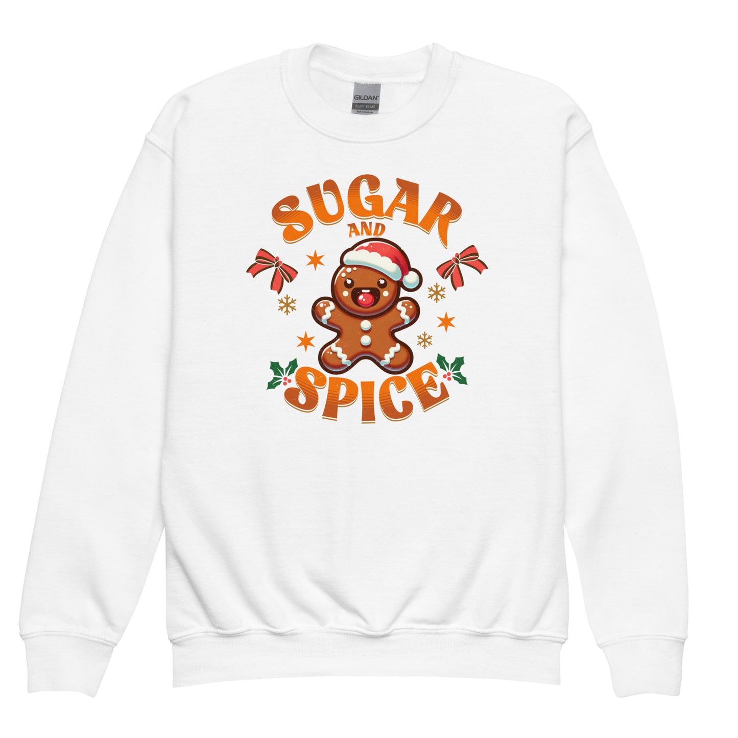White Kids Sugar & Spice Cozy Christmas vibes Gingerbread sweatshirt – front view BimBangDesign