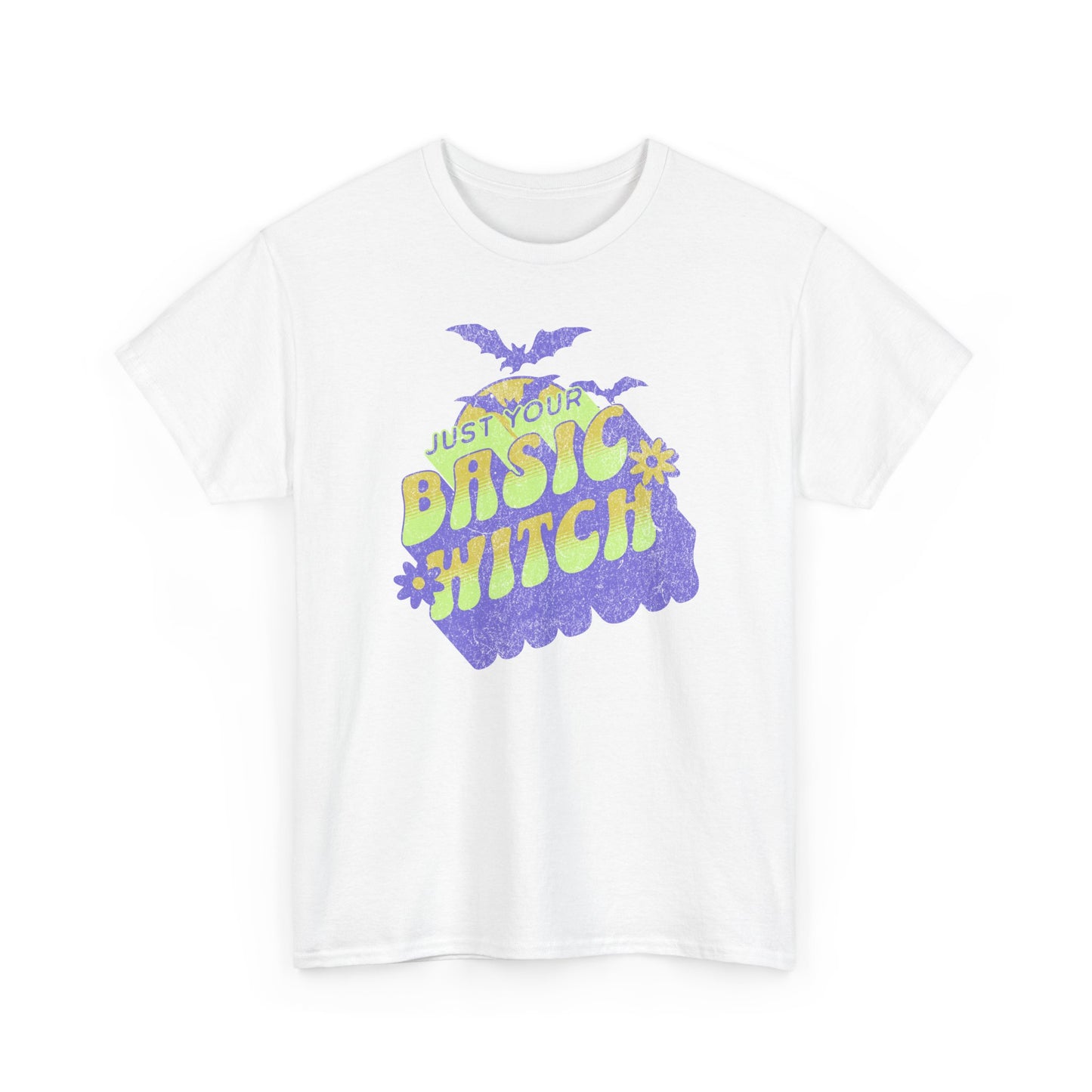 White Unisex t-shirt with “Just Your Basic Witch” print – fun Halloween tee featuring retro witchy vibes, perfect for casual spooky style. BimBangDesign