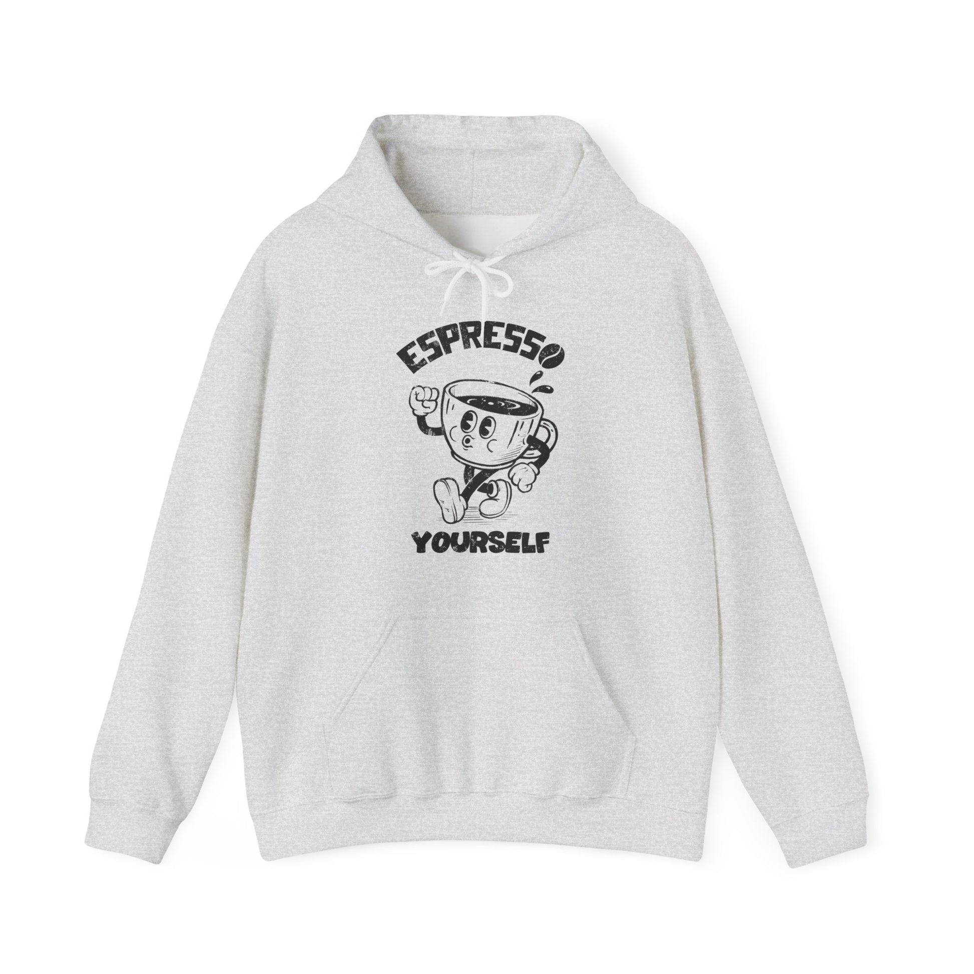 Ash Cartoon Espresso Yourself Hoodie with a coffee cup illustration for all espresso coffee lovers BimBangDesign