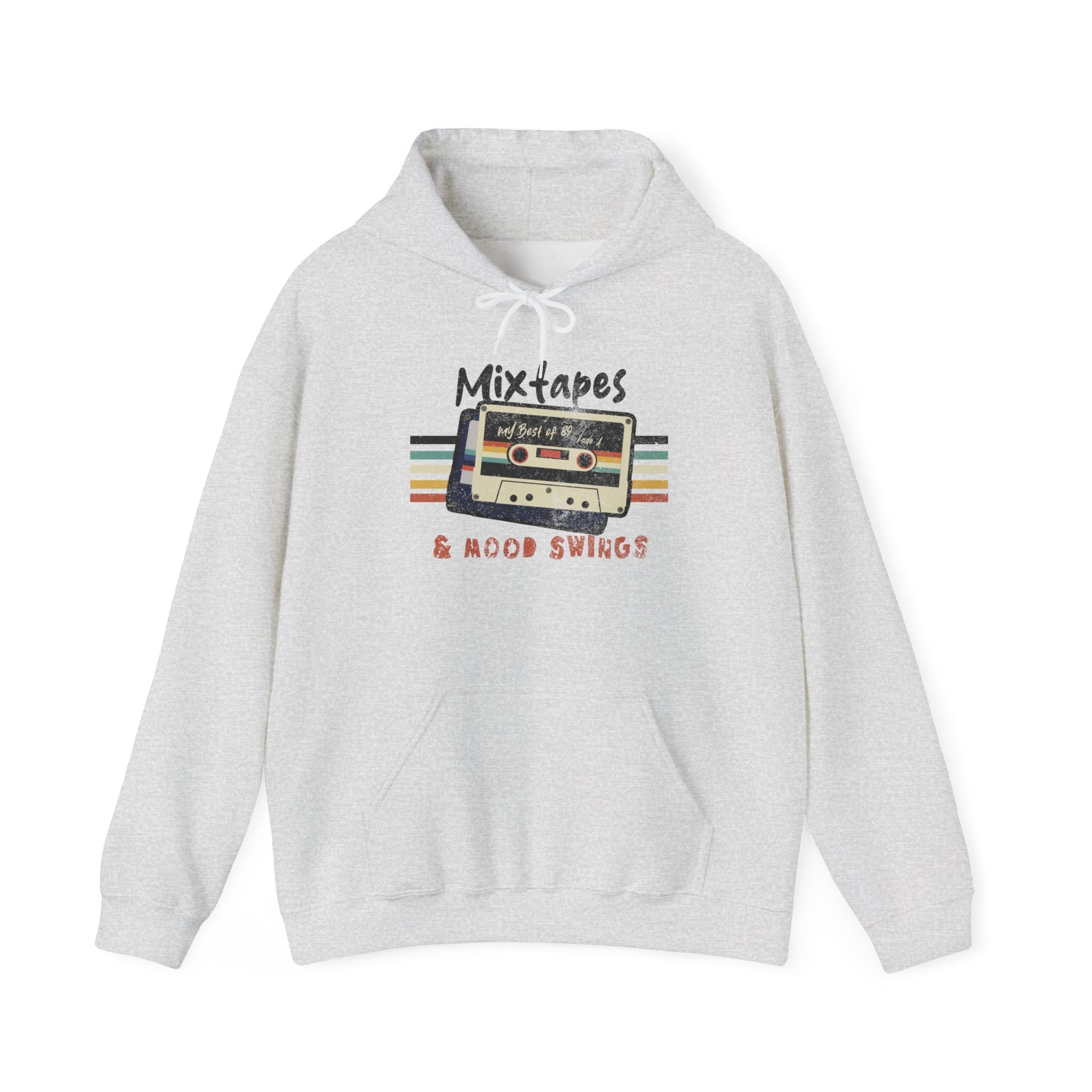 Mixtapes & Mood Swings vintage typography on a Ash color Hoodie for vintage vibe hunters BimBangDesign
