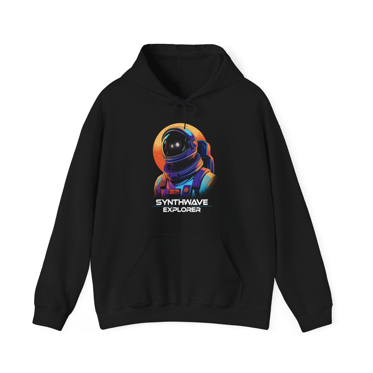 Black Synthwave Explorer Hoodie with stars, neon sun and retro sci-fi look spaceman BimBangDesign