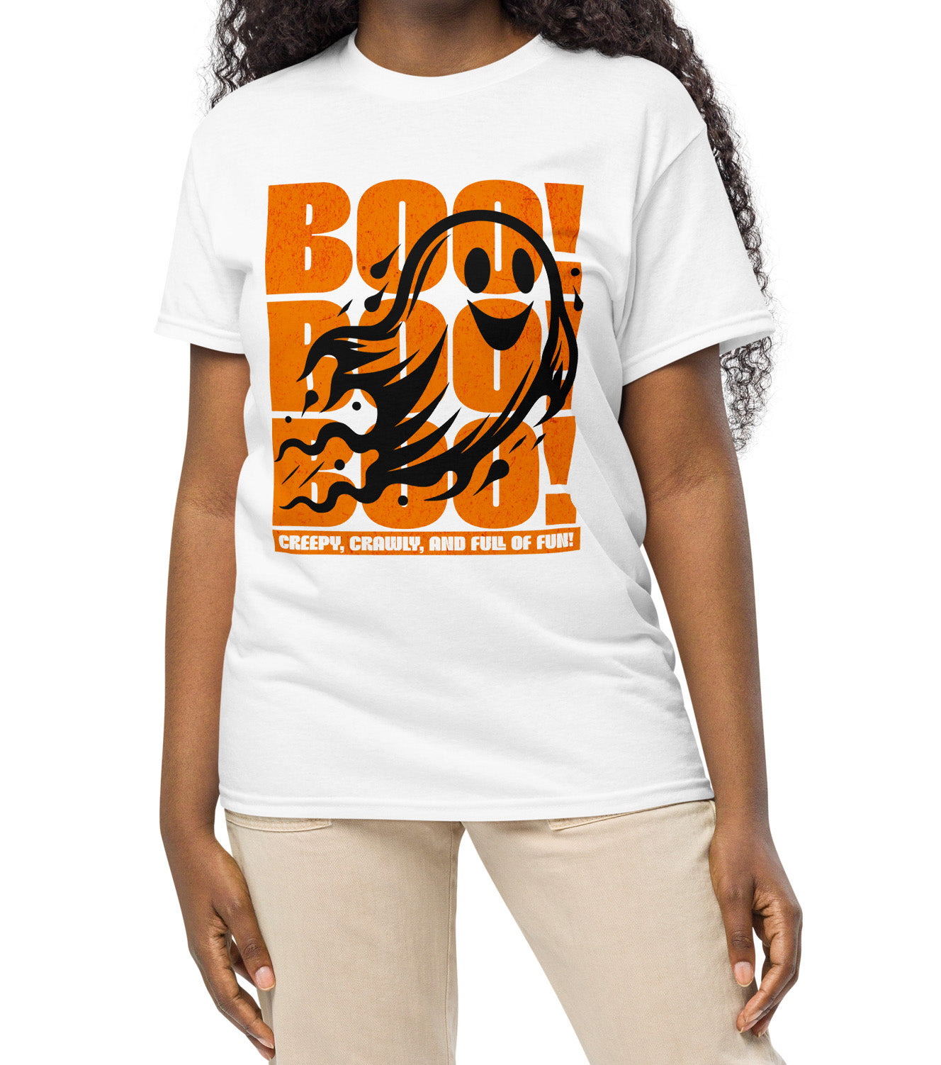 Playful ghost design with triple “Boo” text – fun Halloween unisex t-shirt by BimBangDesign.