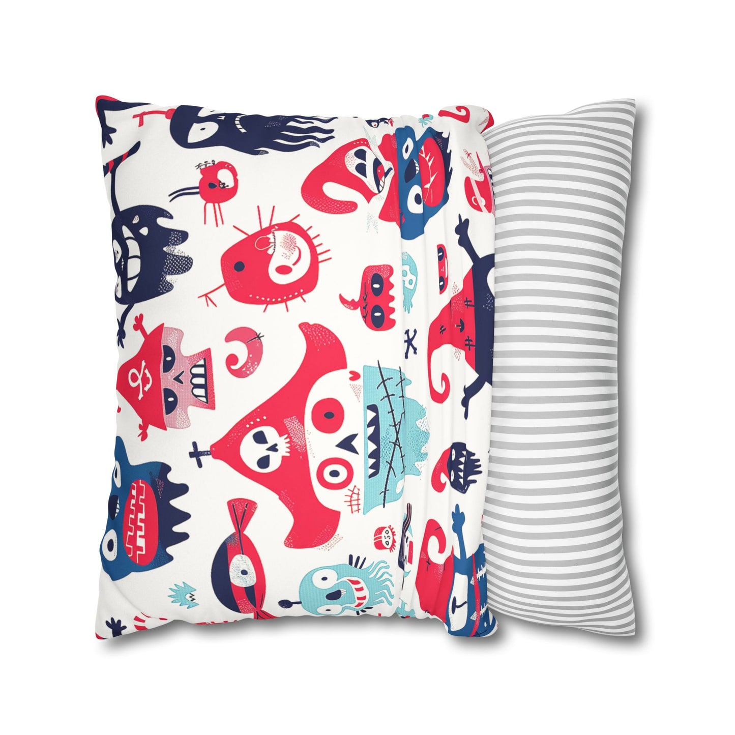 Context of use of a Decorative Pillow of naive cartoon quirky little pirate skulls and monster-like characters to be used as home decor accessory BimBangDesign
