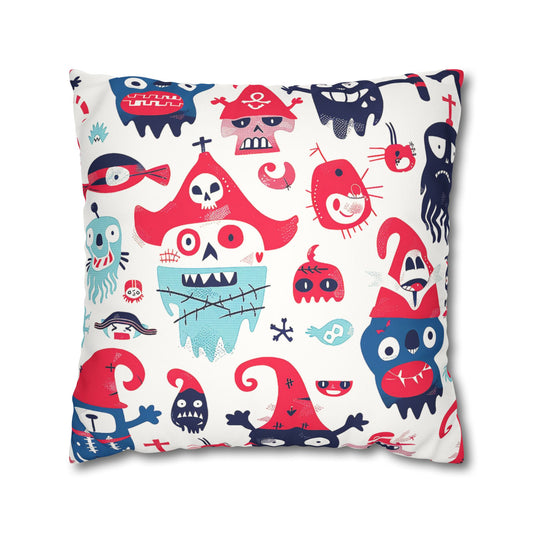 Decorative Pillowcase of naive cartoon quirky little pirate skulls and monster-like characters tu be used as home decor accessories BimBangDesign