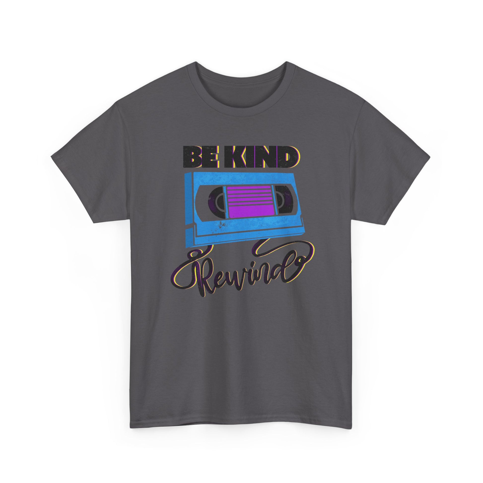 Be Kind Rewind Charcoal T-shirt, retro typographic style, VHS inspiration