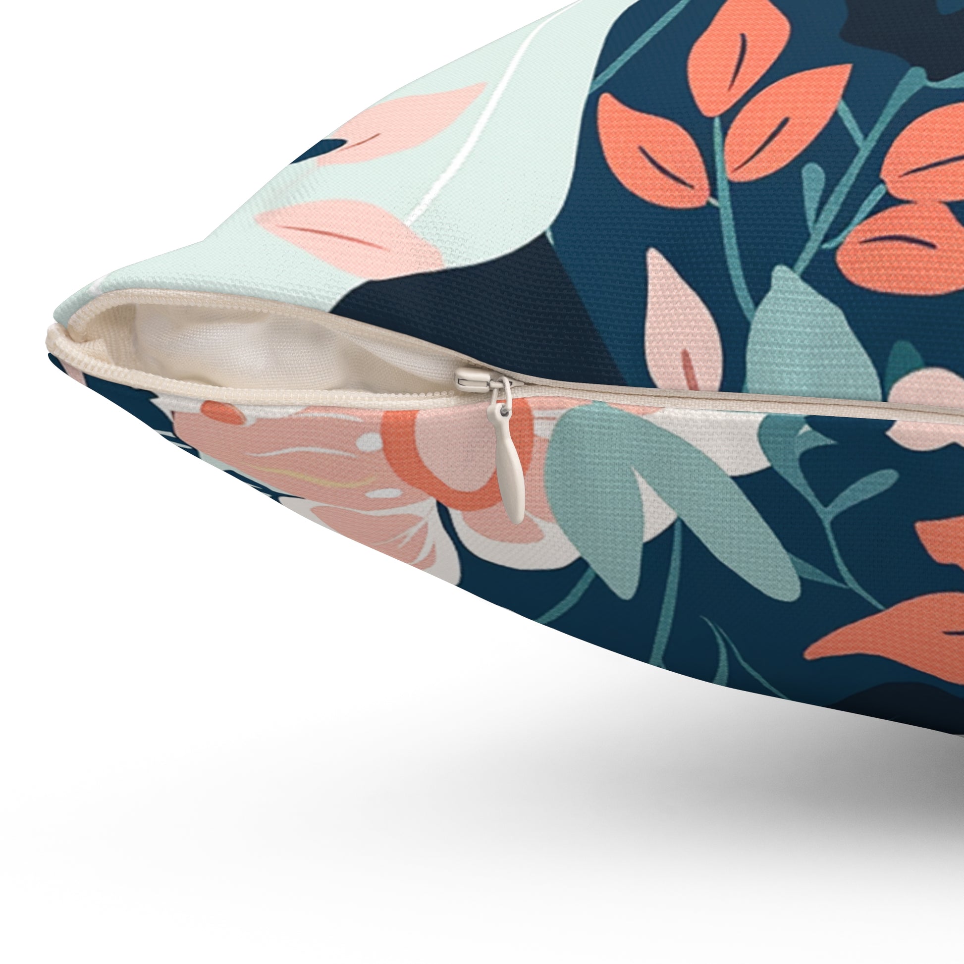 Details of a Decorative feminine face with glasses surrounded by coral pink blooms Pillow, for home decor accessories BimBangDesign