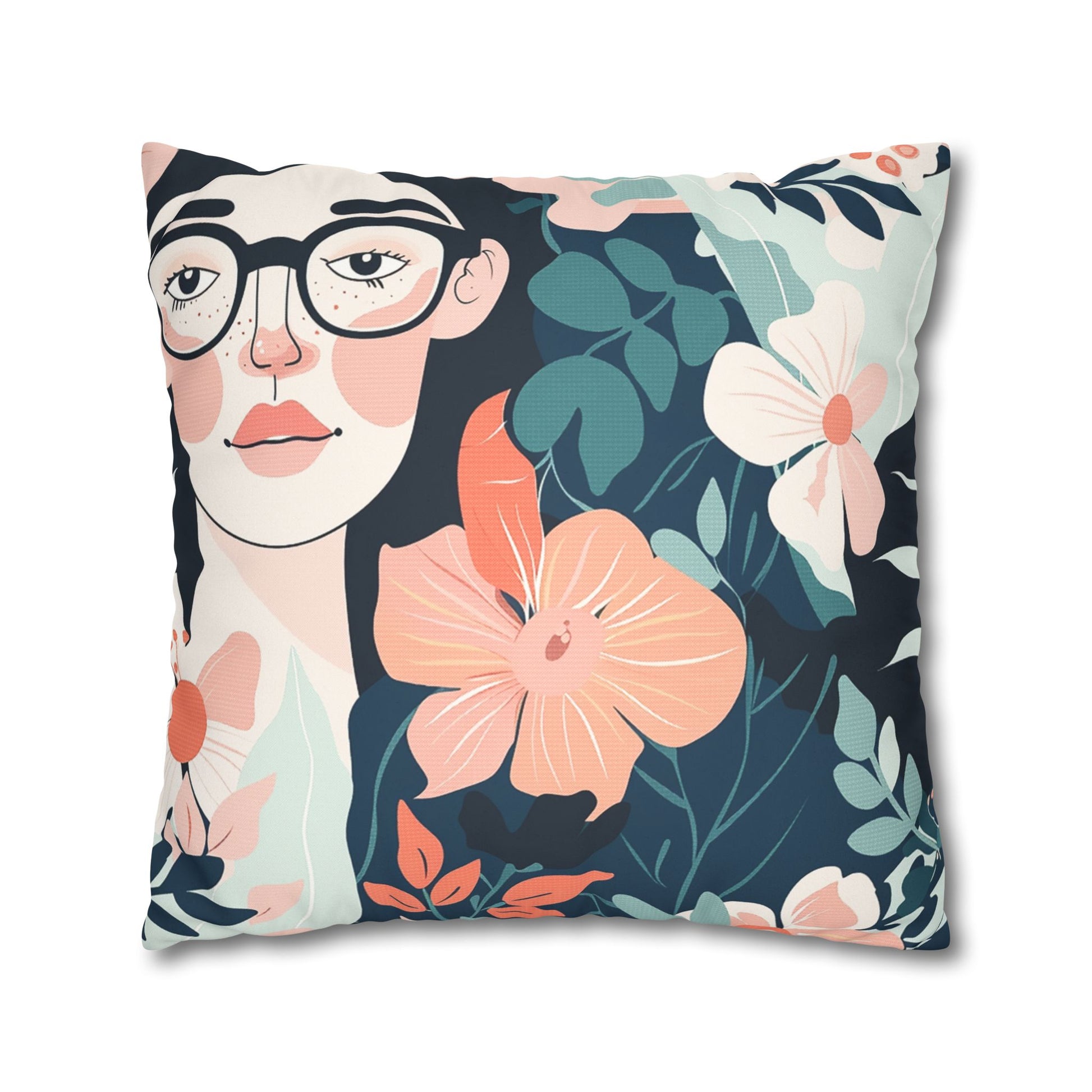 Back View of a Decorative feminine face with glasses surrounded by coral pink blooms Pillowcase for home decor accessories BimBangDesign