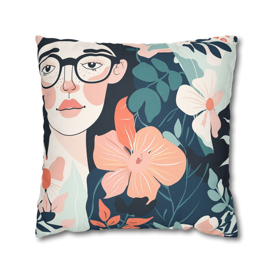 Decorative feminine face with glasses surrounded by coral pink blooms Pillowcase for home decor accessories BimBangDesign