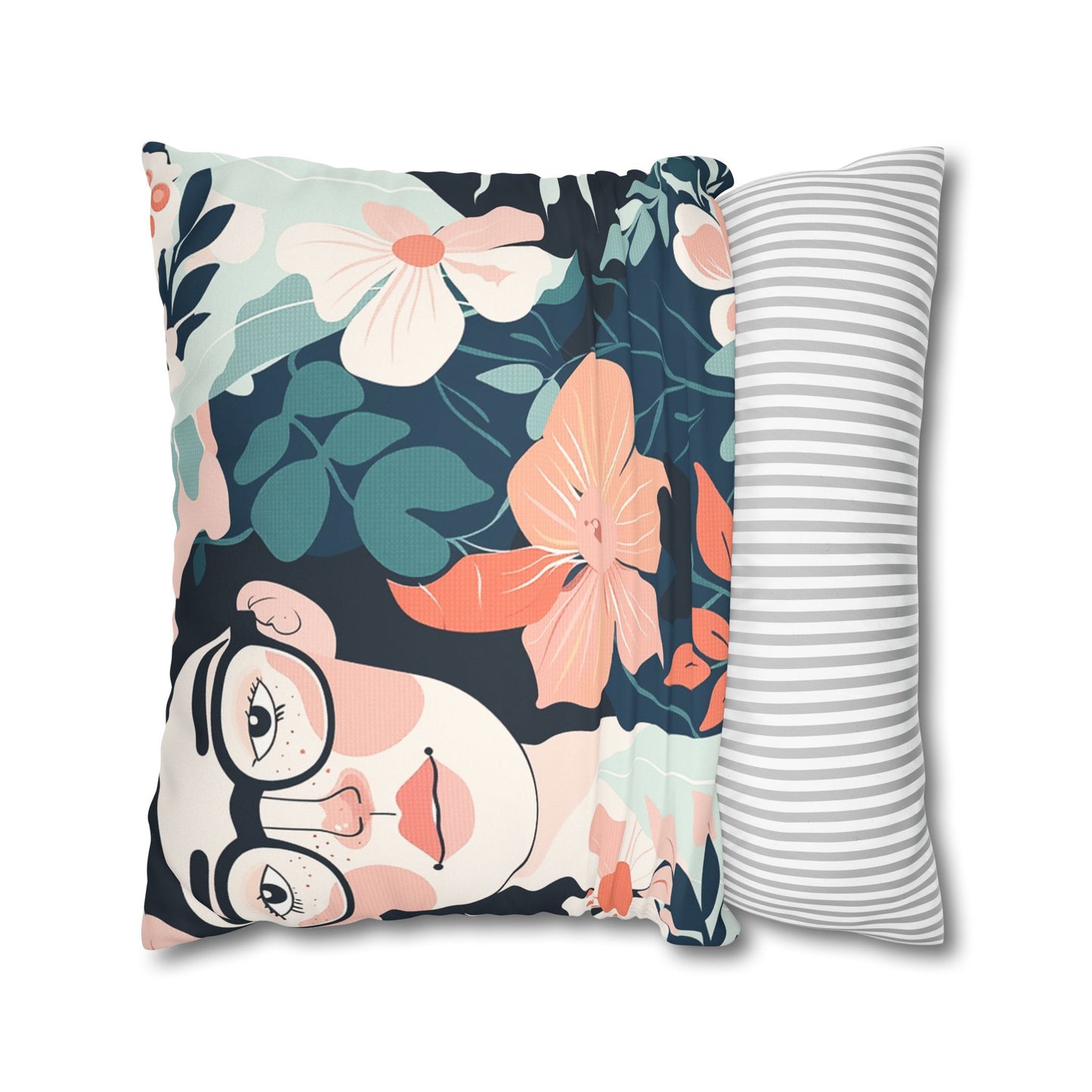 Front view of a Decorative feminine face with glasses surrounded by coral pink blooms Pillowcase for home decor accessories BimBangDesign