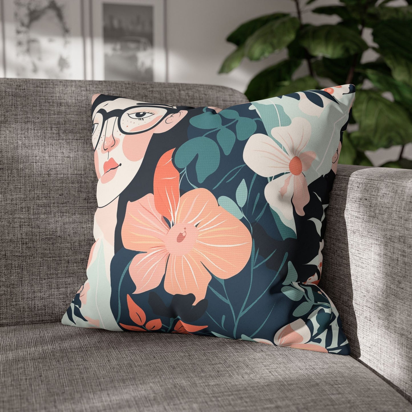 In context view of a Decorative feminine face with glasses surrounded by coral pink blooms Pillowcase for home decor accessories BimBangDesign