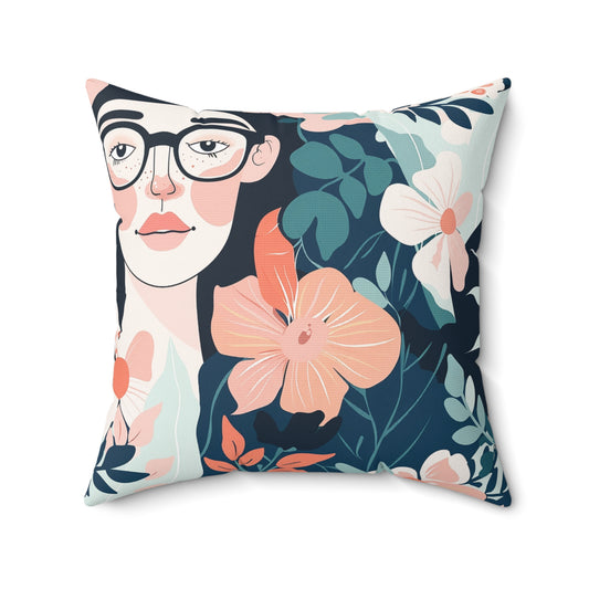 Decorative feminine face with glasses surrounded by coral pink blooms Pillow for home decor accessories BimBangDesign