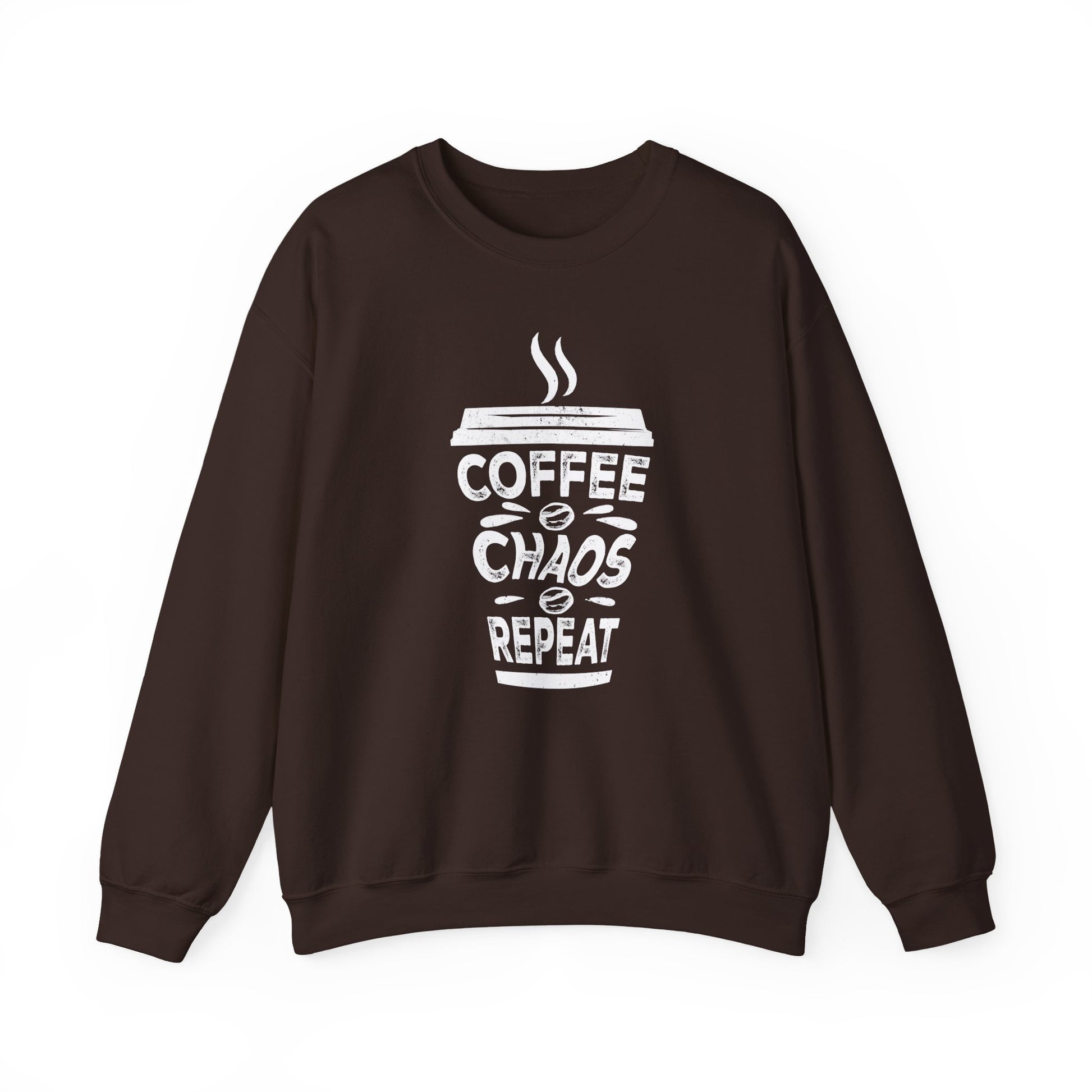Dark Chocolate Coffee Chaos Repeat Sweatshirt for all coffee lovers on the go BimBangDesign 