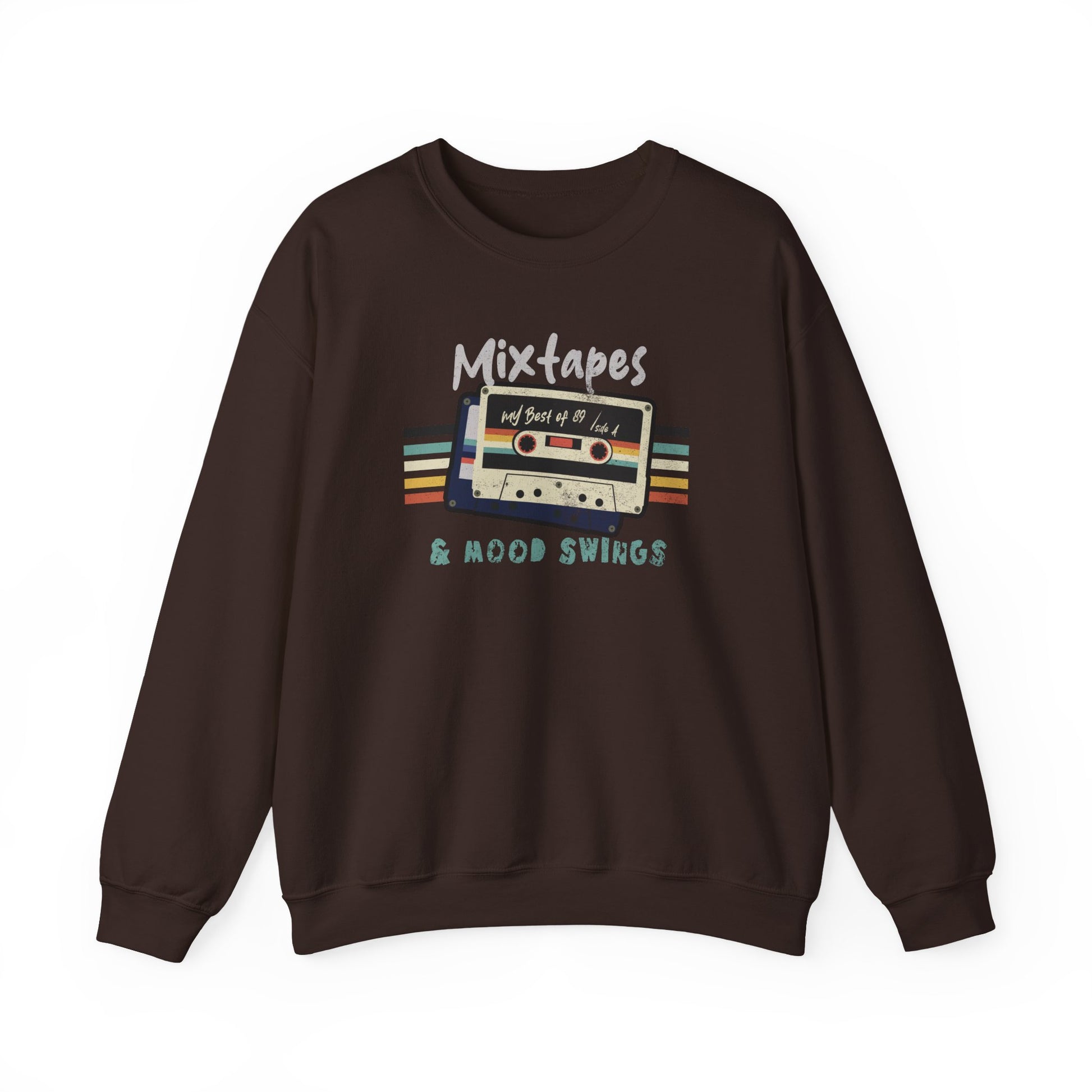 Mixtapes & Mood Swings vintage typography on a Dark Chocolate Sweatshirt for vintage vibe hunters BimBangDesign