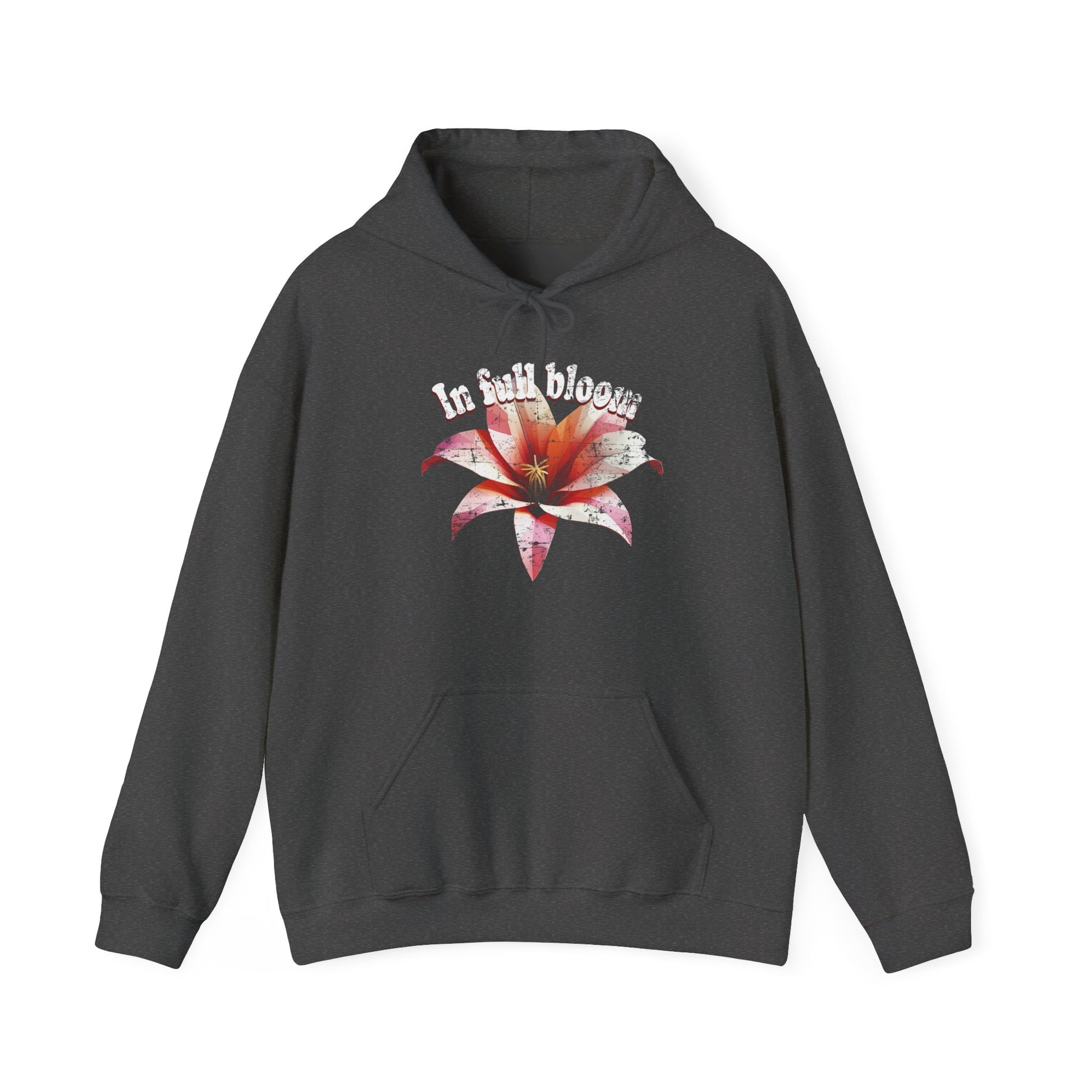 Dark Heather In Full Bloom Hoodie with minimalist flower design and pastel tones BimBangDesign