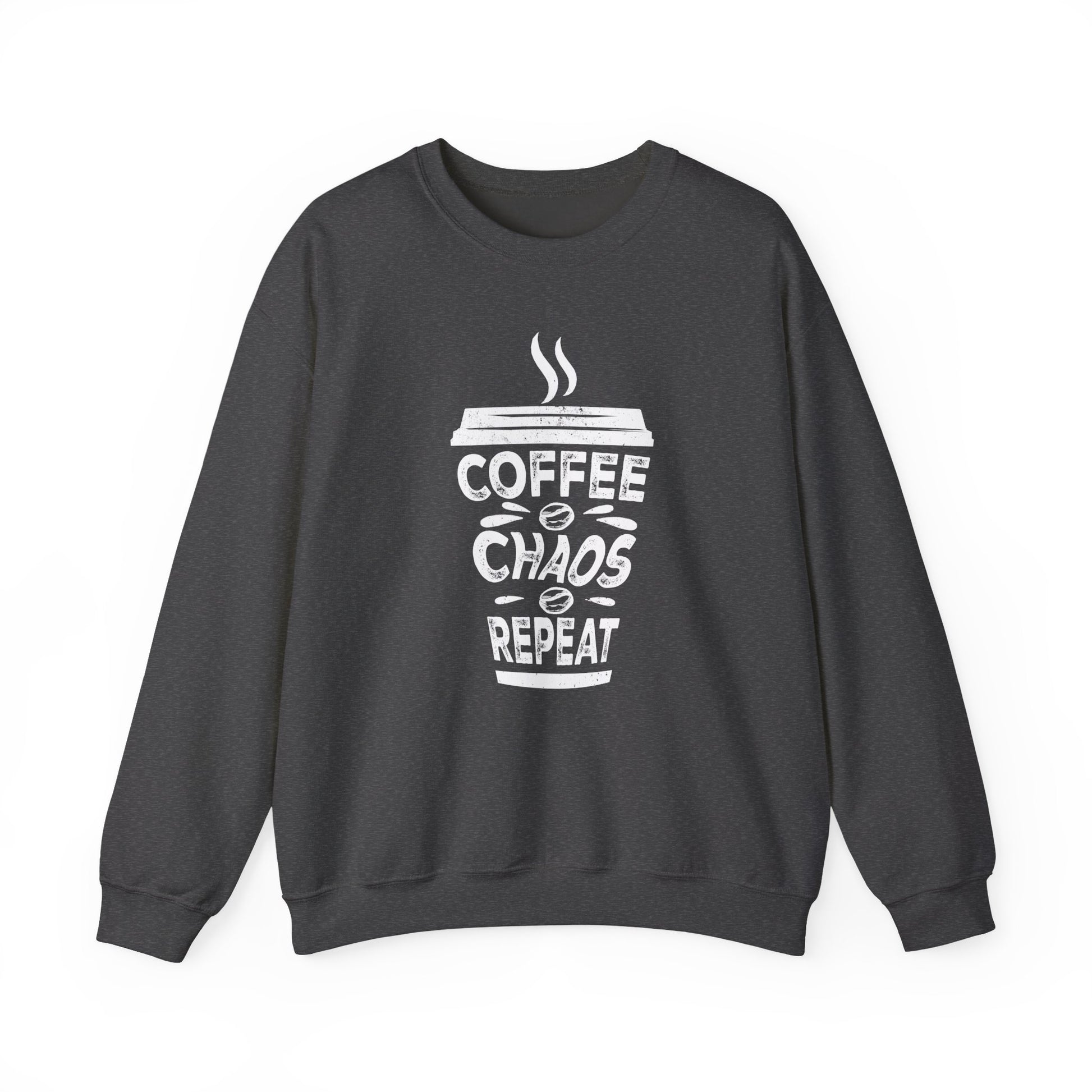Dark Heather Coffee Chaos Repeat Sweatshirt for all coffee lovers on the go BimBangDesign 
