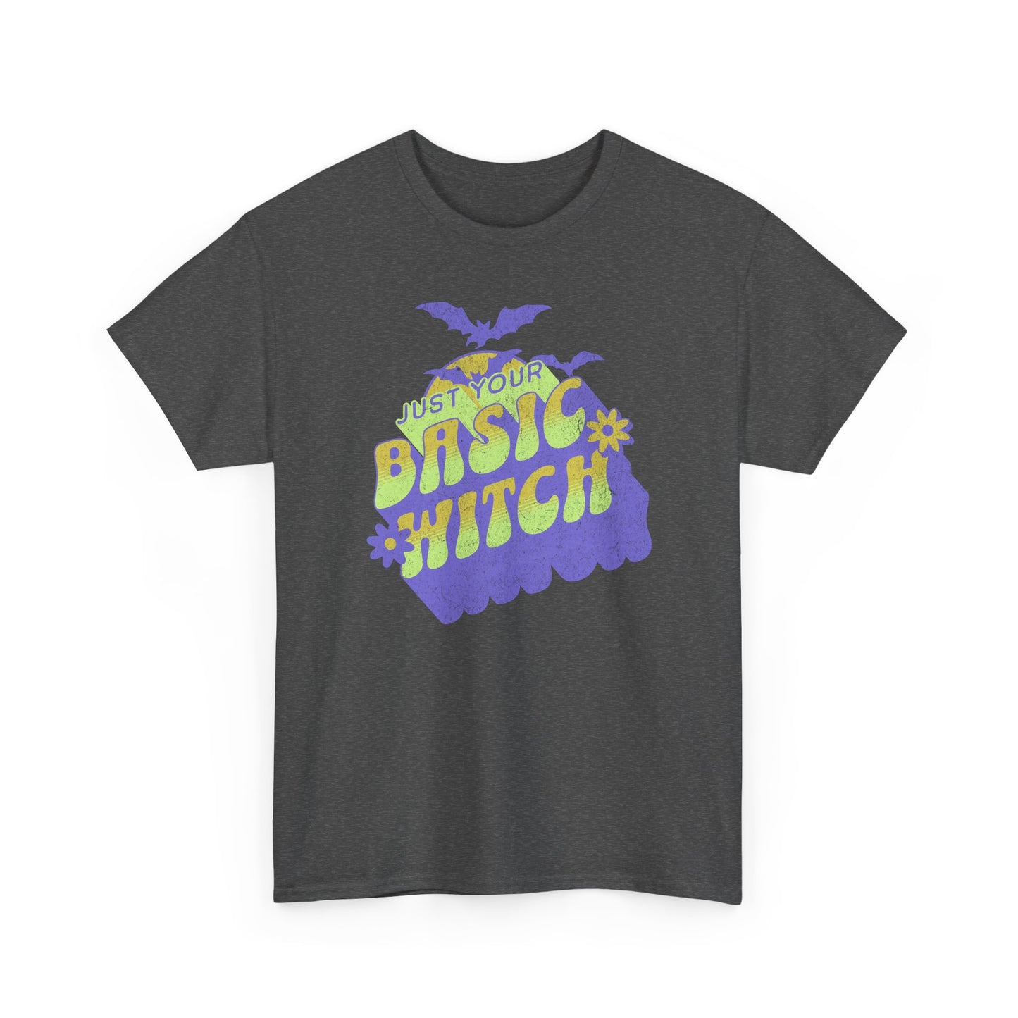 Dark Heather Unisex t-shirt with “Just Your Basic Witch” print – fun Halloween tee featuring retro witchy vibes, perfect for casual spooky style. BimBangDesign