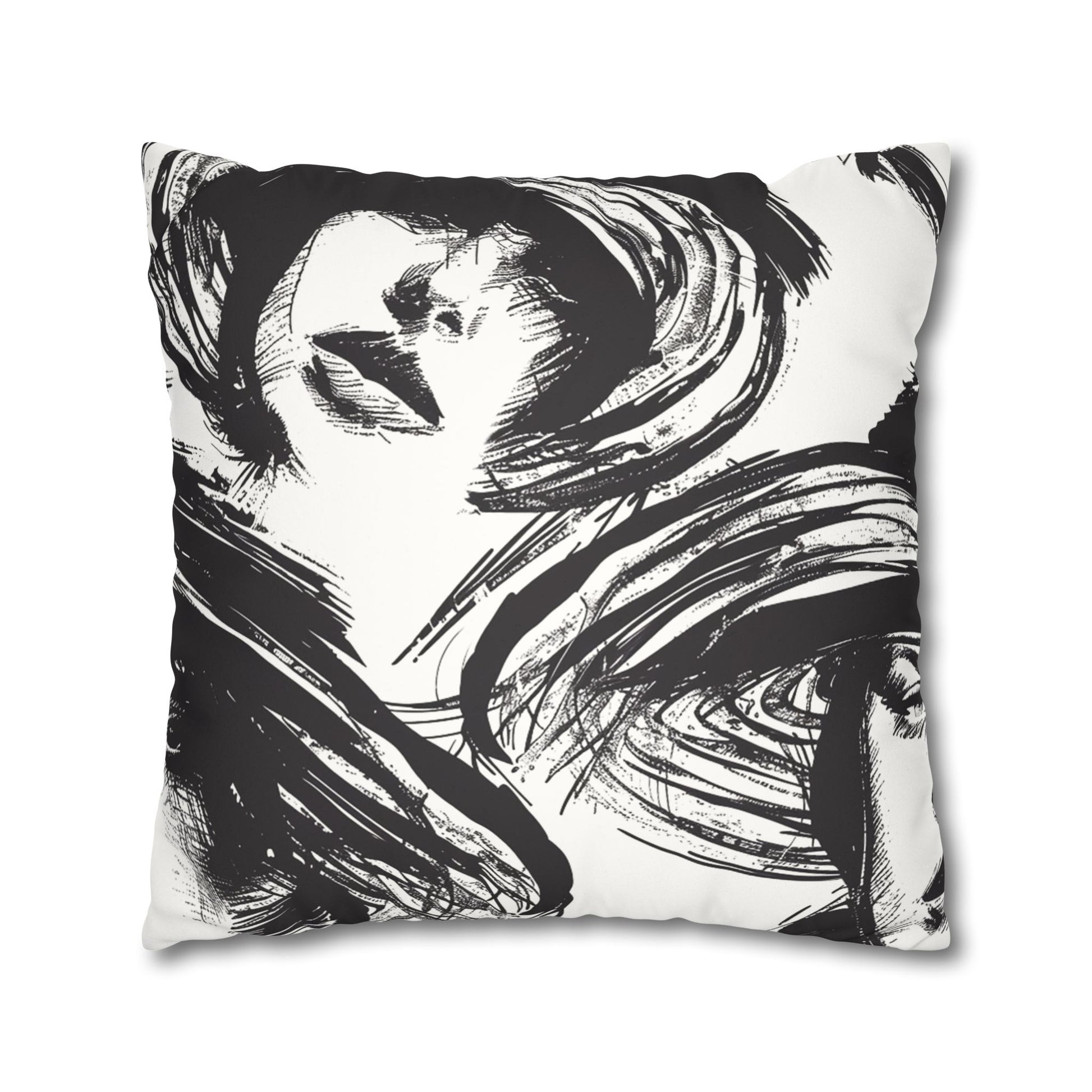 Back view of a Stylish Decorative Pillowcase showcasing black ink elegant hand-painted 20s femmen as home decor accessories BimBangDesign